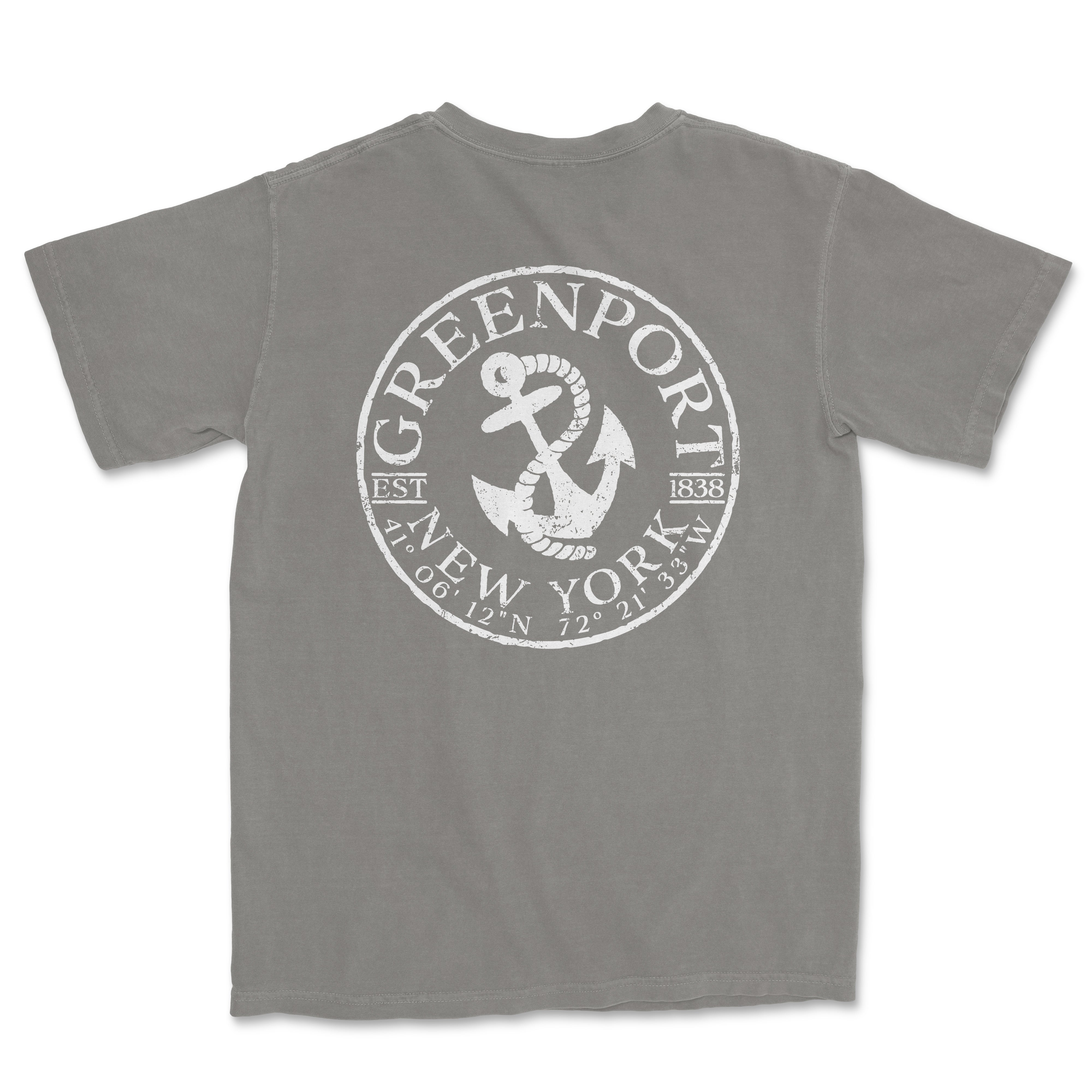 a grey t - shirt with an anchor and the words greenport on it