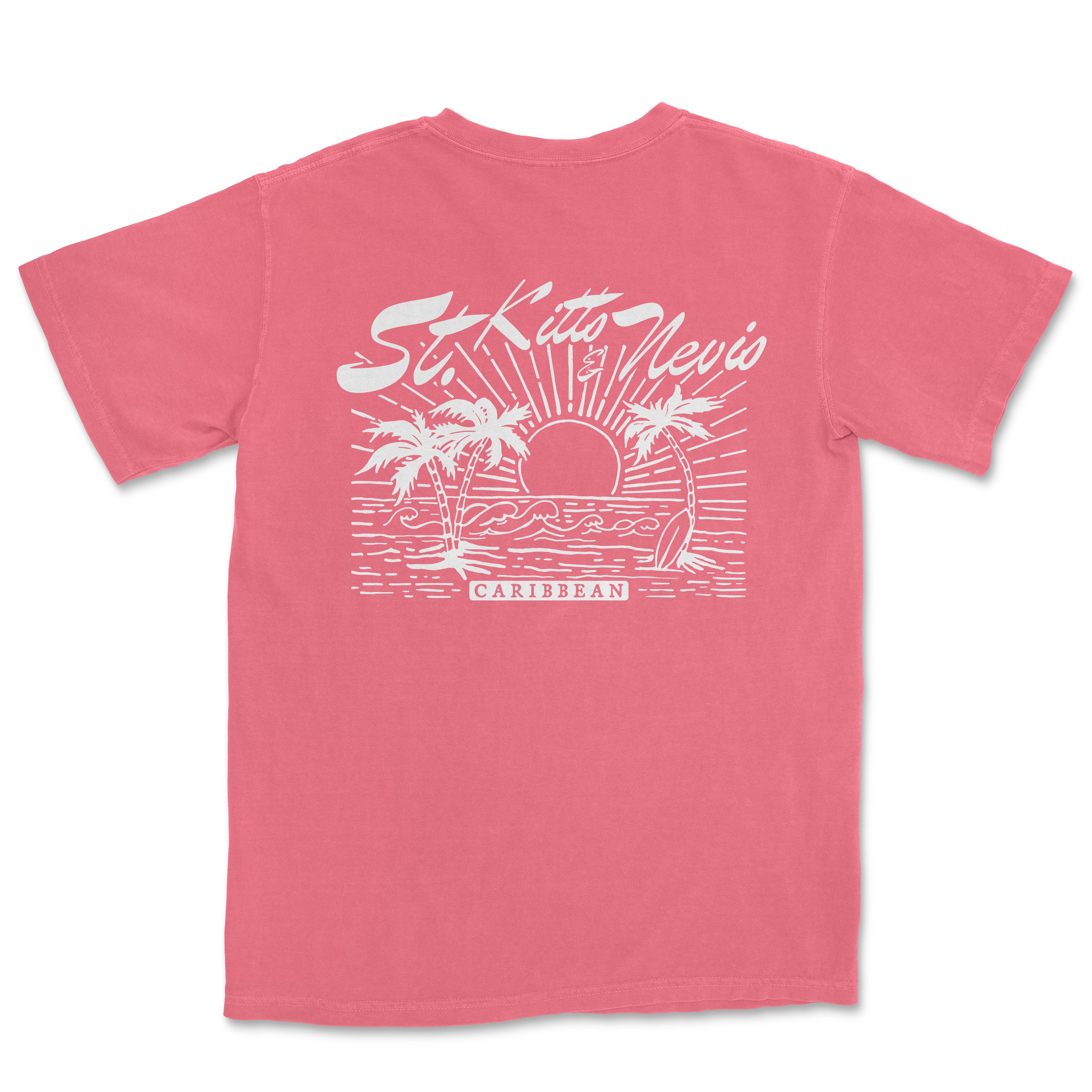 a pink t - shirt with a sunset and palm trees