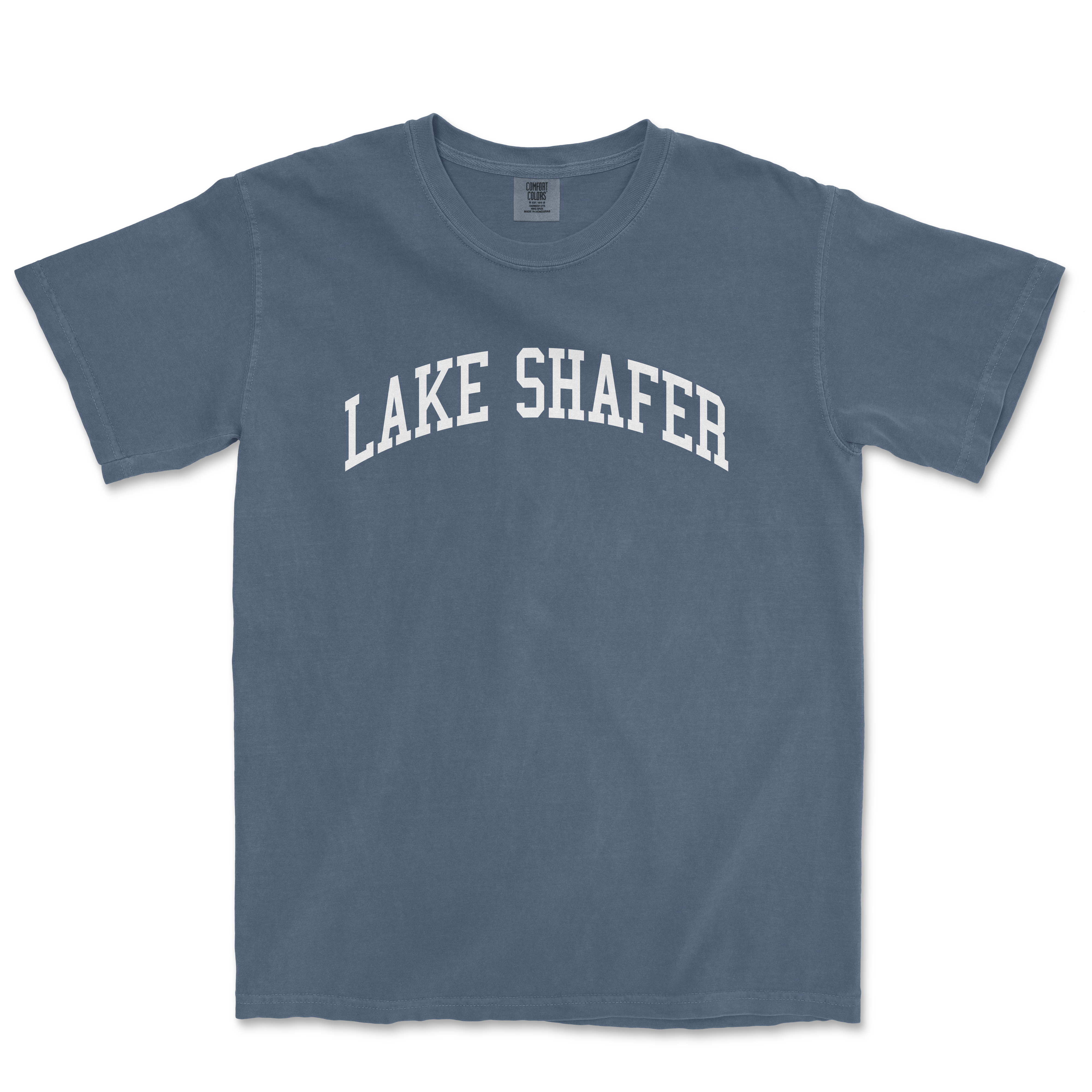 a blue lake shafer t - shirt with the word lake shafer in white