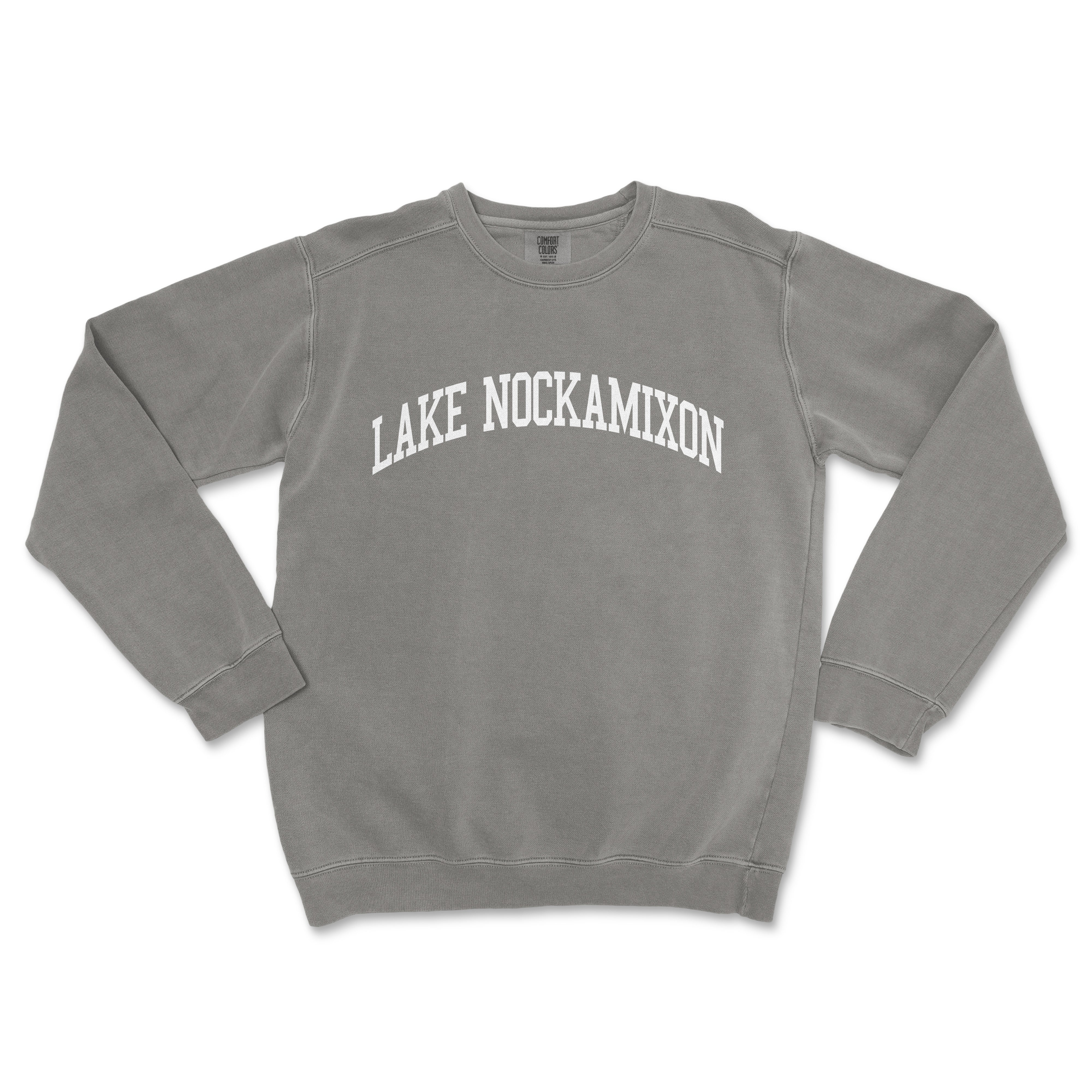 a gray sweatshirt with the words lake nockamion printed on it