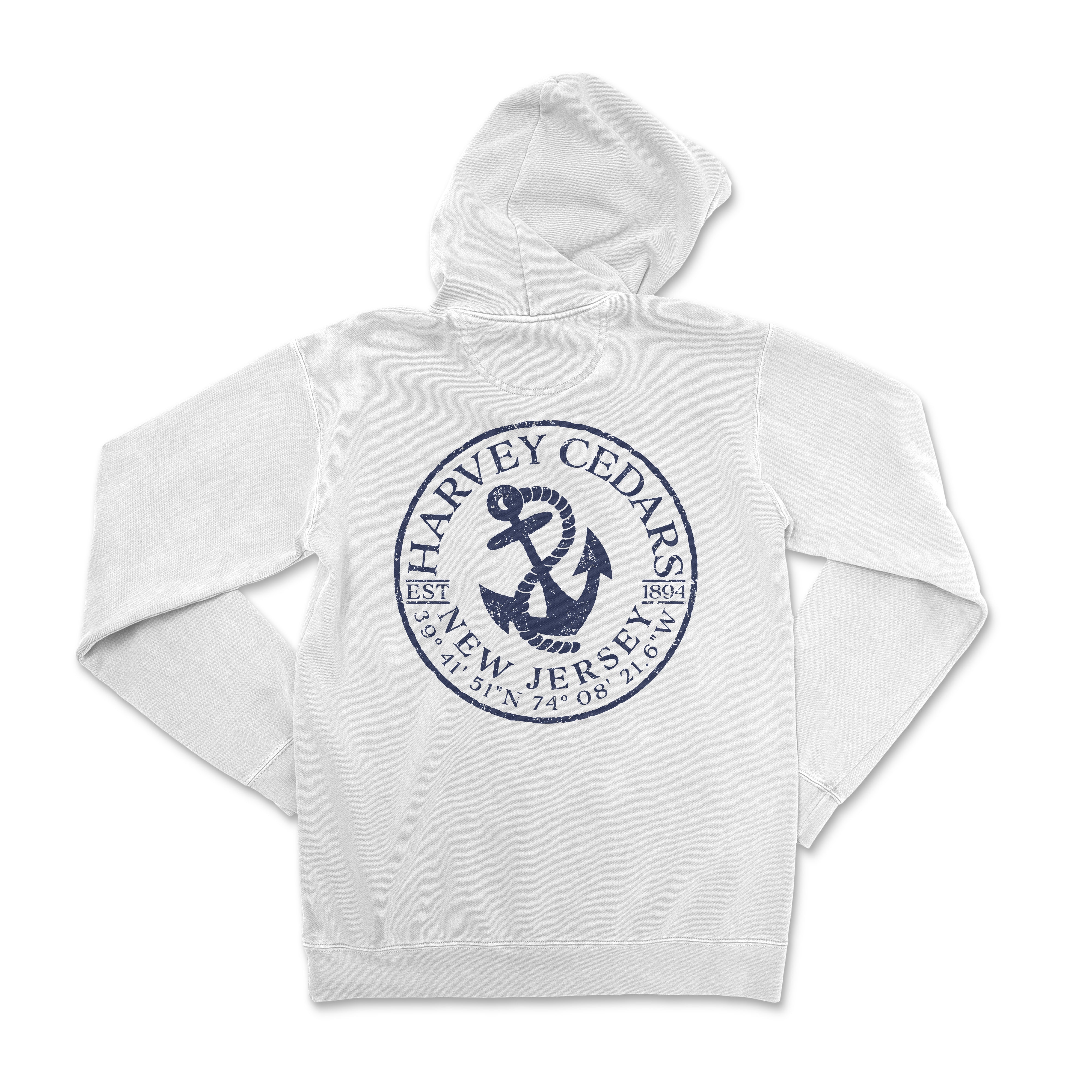 a white hoodie with a blue anchor and the words harvey cedars on it