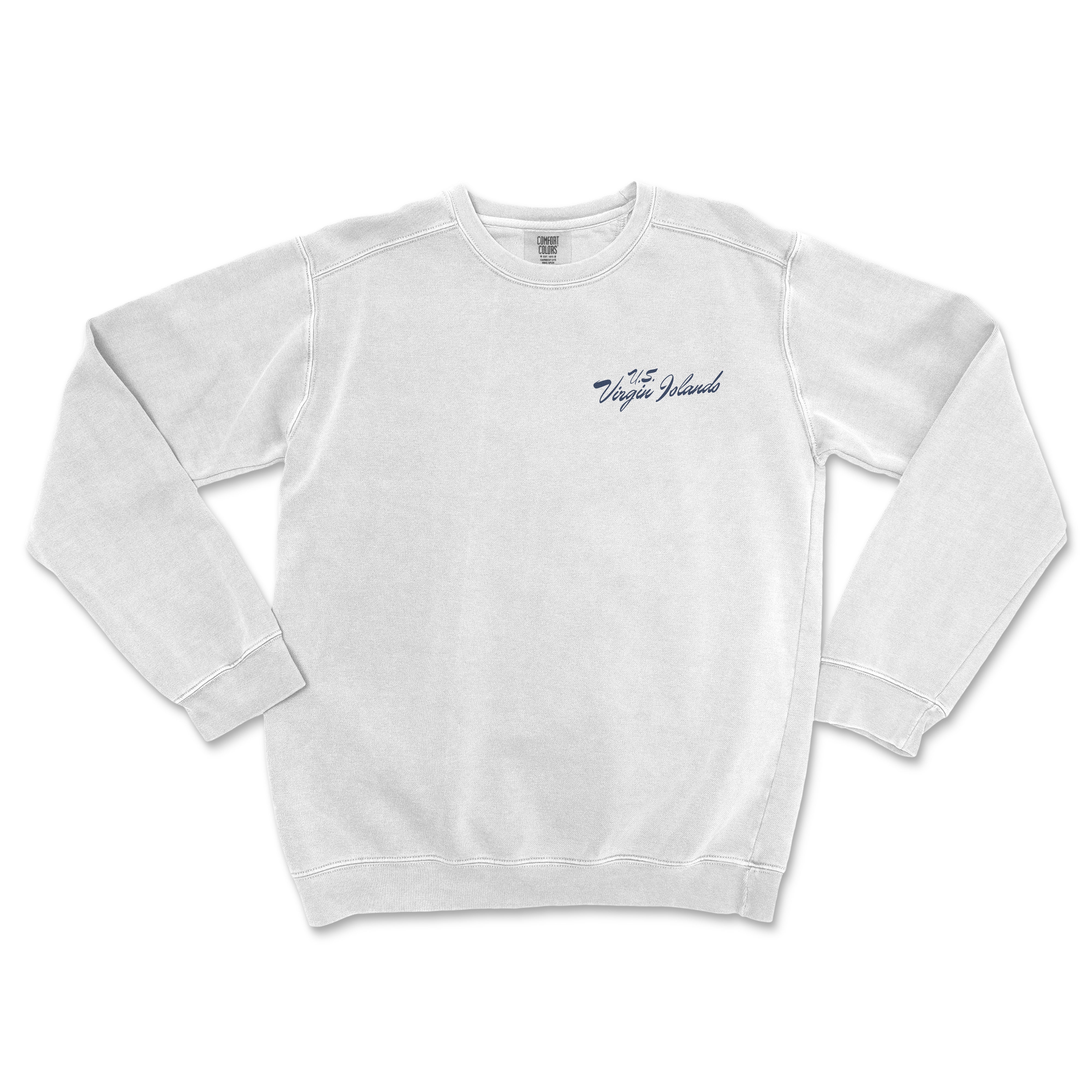 a white sweatshirt with blue writing on it