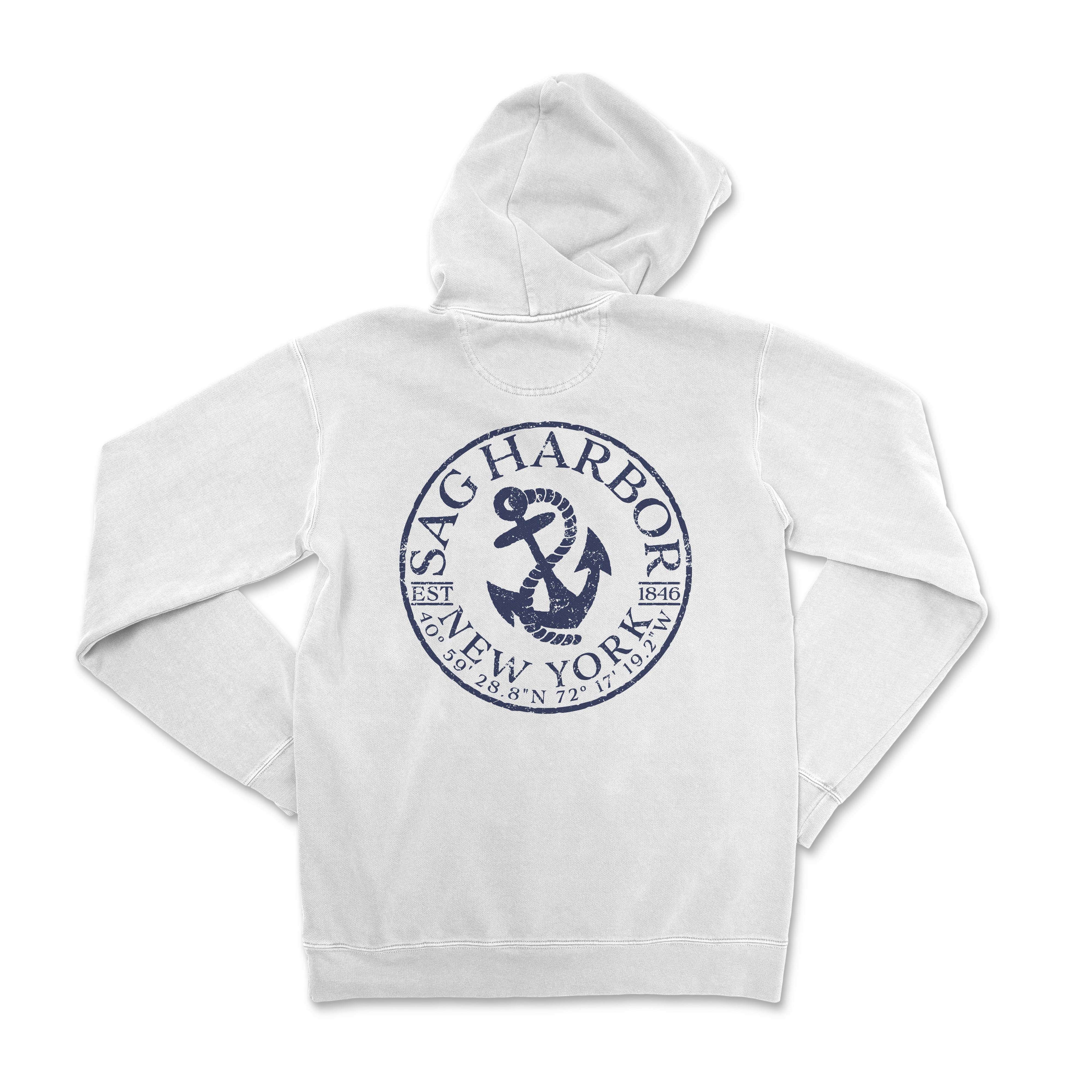 a white sweatshirt with a blue anchor on it