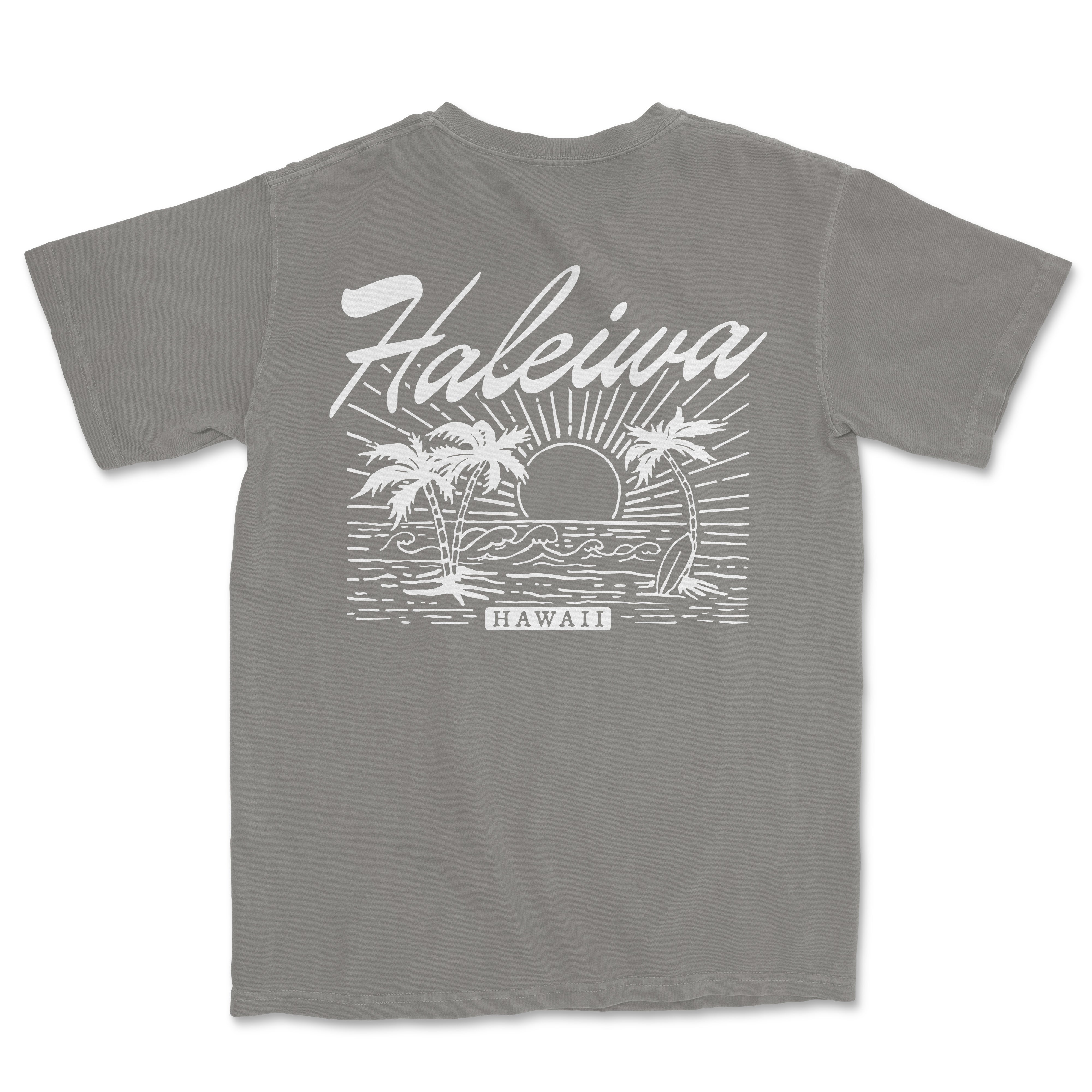 a gray t - shirt with the words haleiua on it