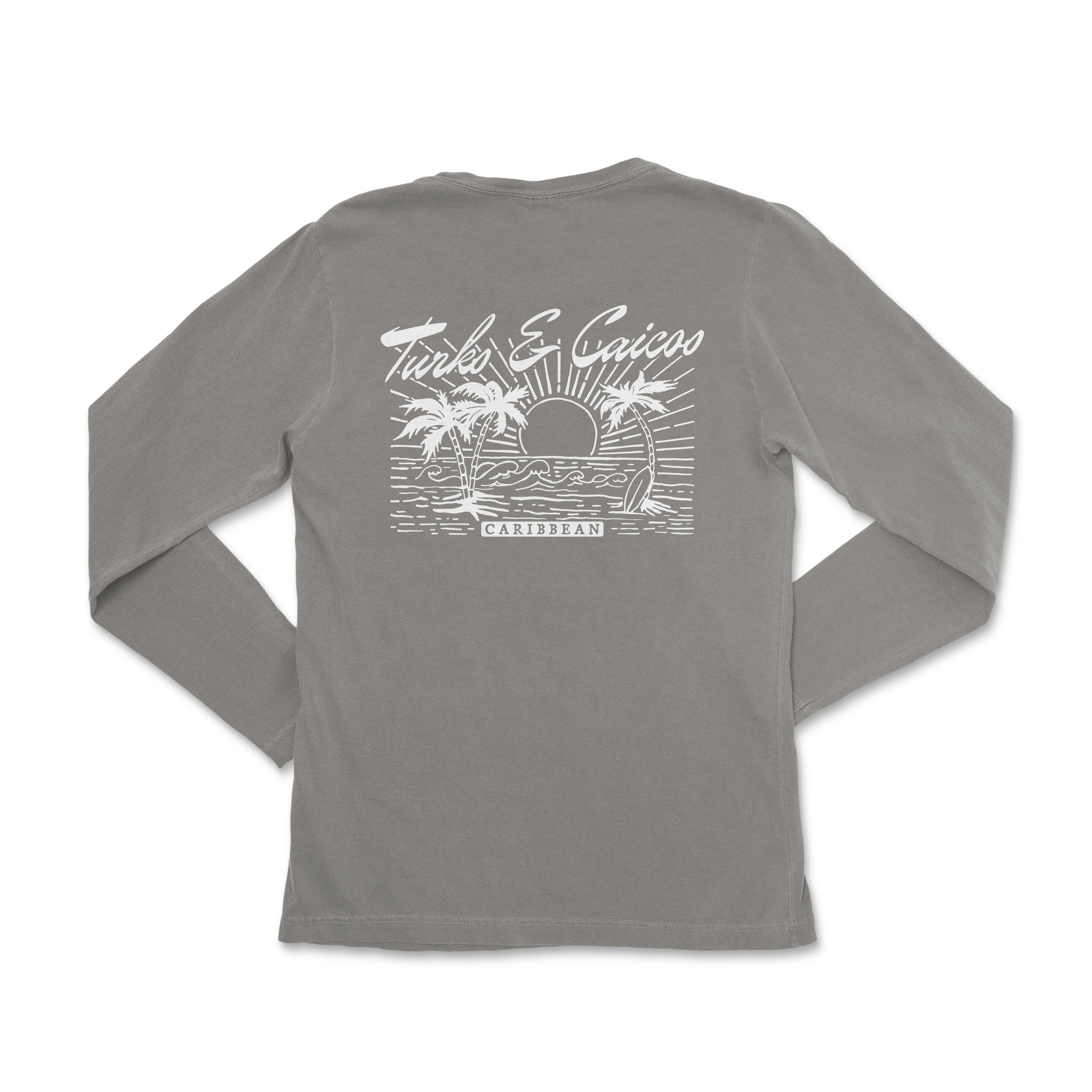 the back of a gray long - sleeved shirt with palm trees and the words