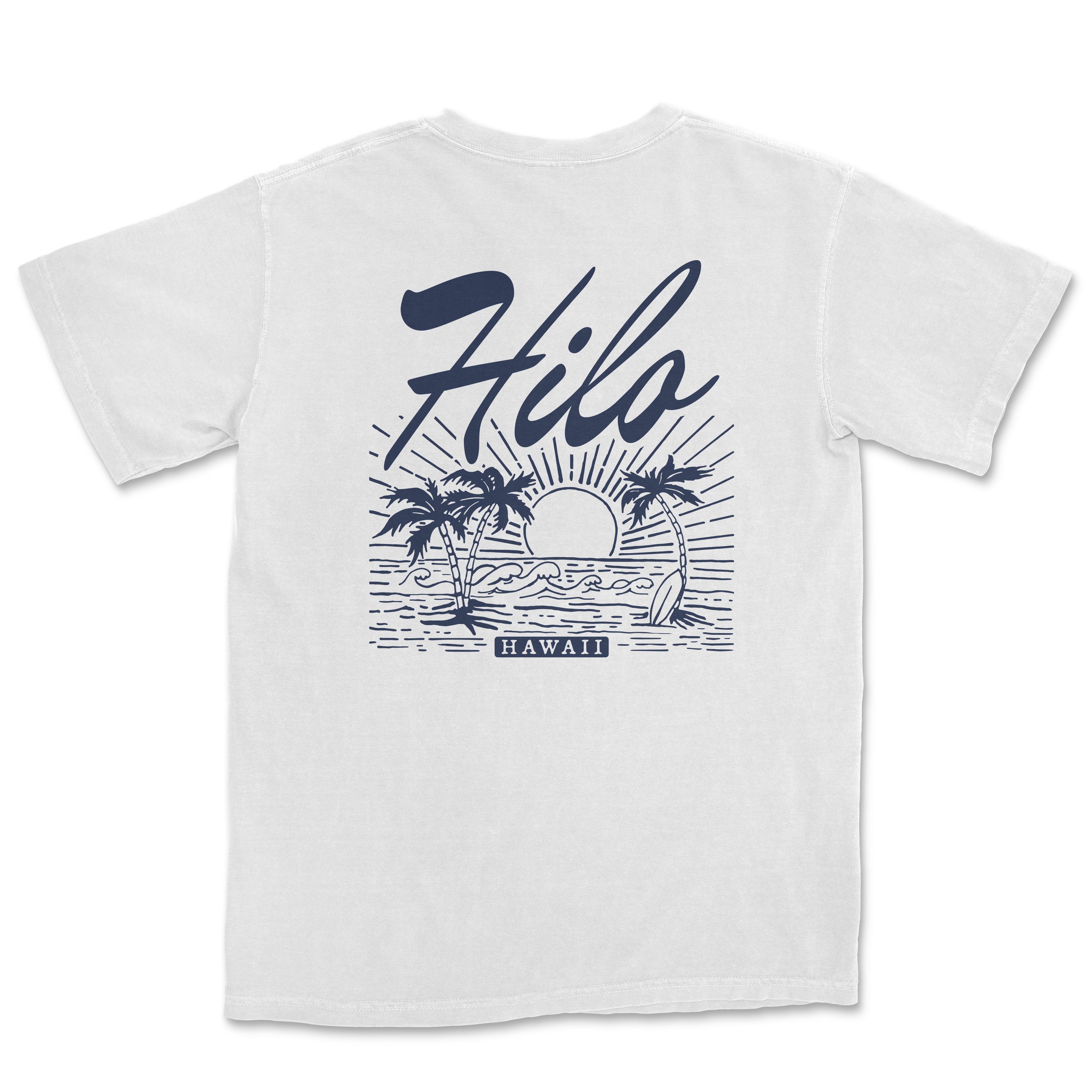 a white t - shirt with a blue print of a sunset and palm trees