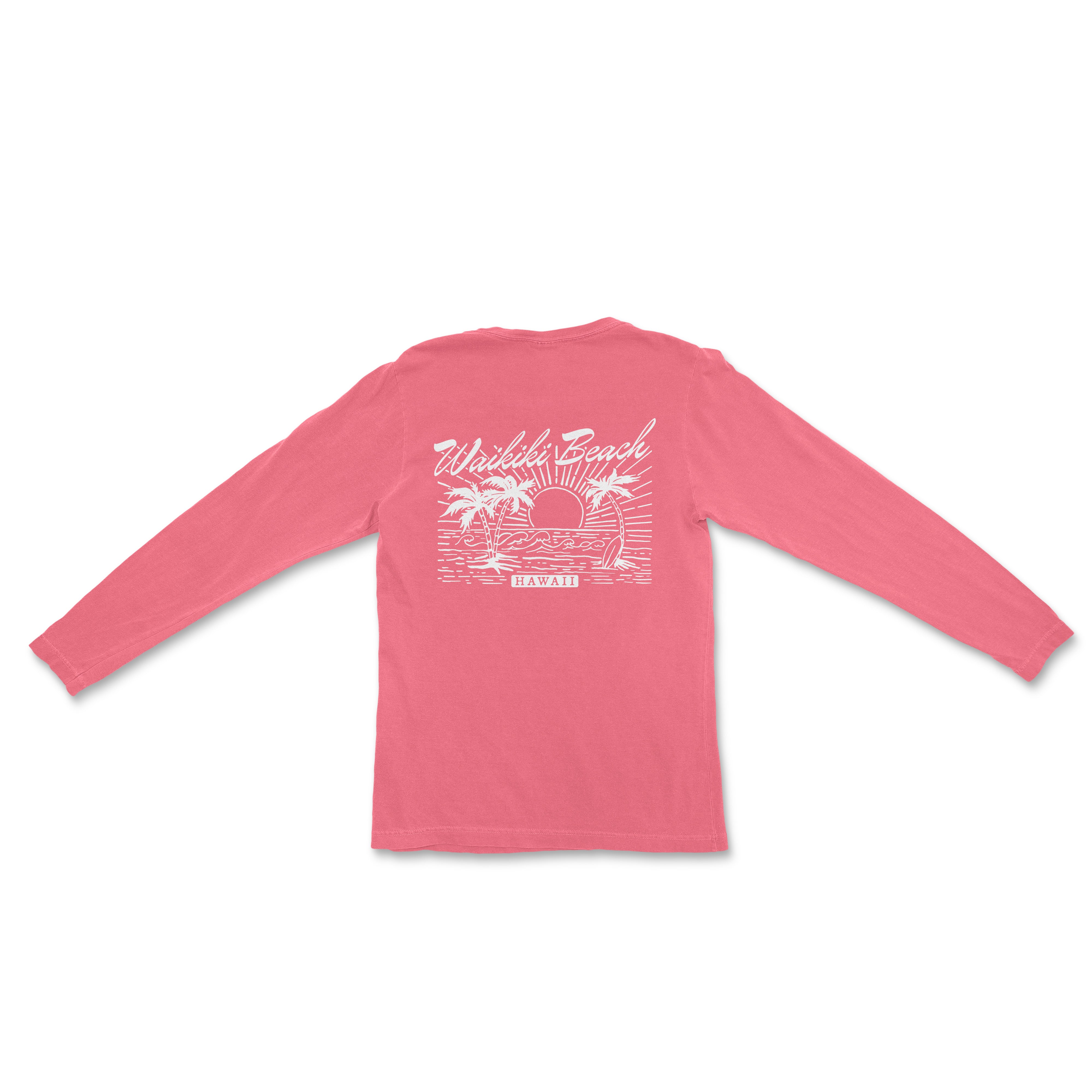 a pink long sleeved shirt with a palm tree on it