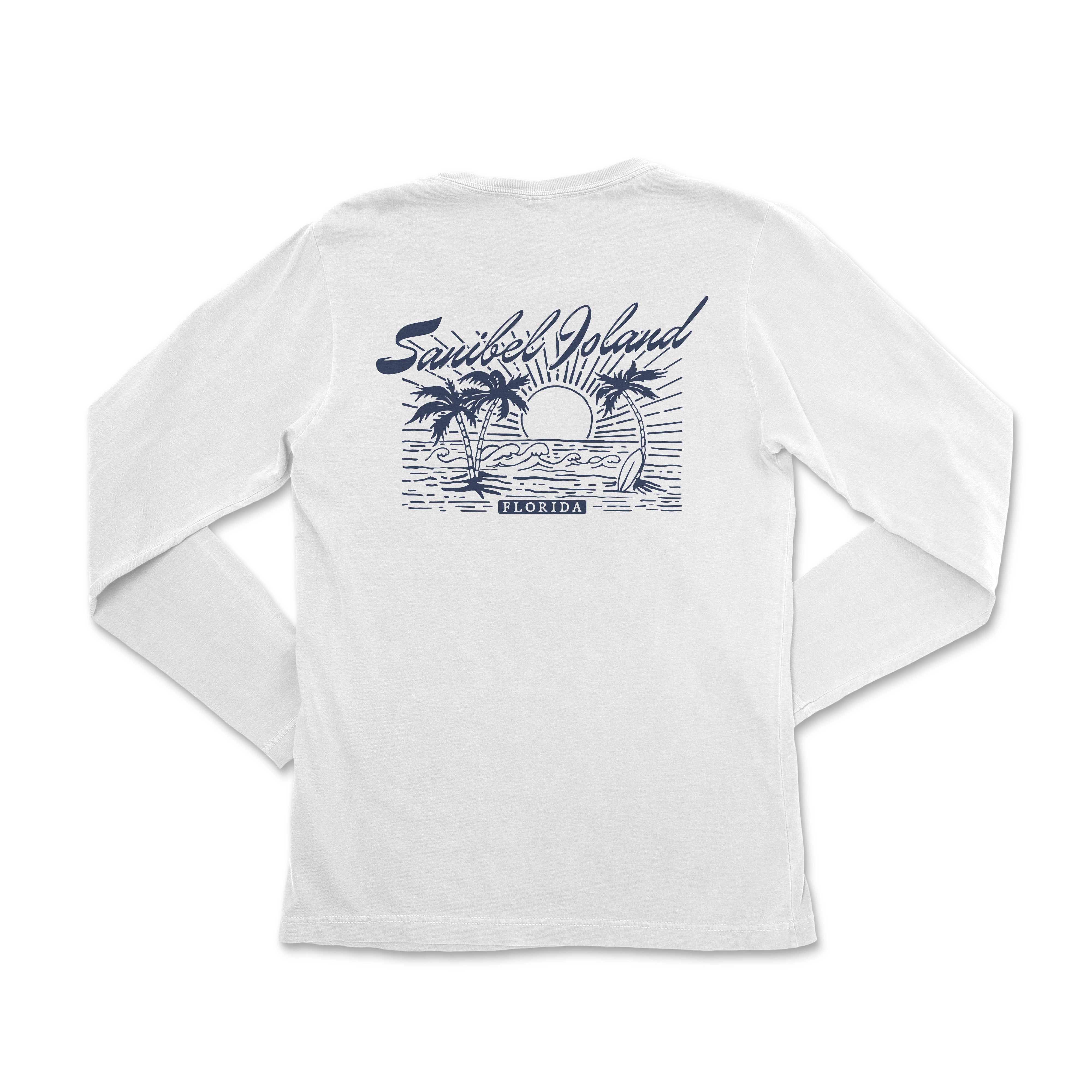 the back of a white long sleeve shirt with a palm tree and sun on it