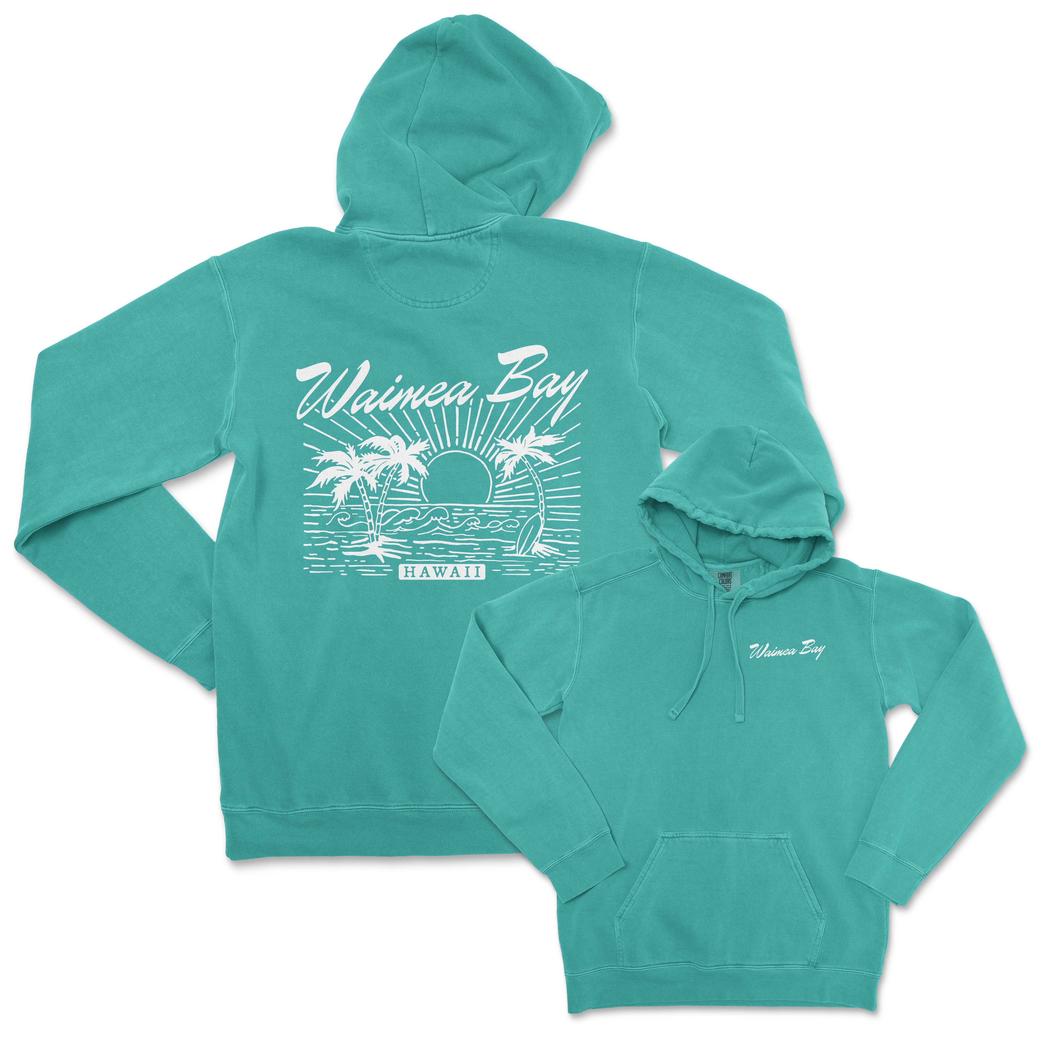 a turquoise sweatshirt with a white logo on it