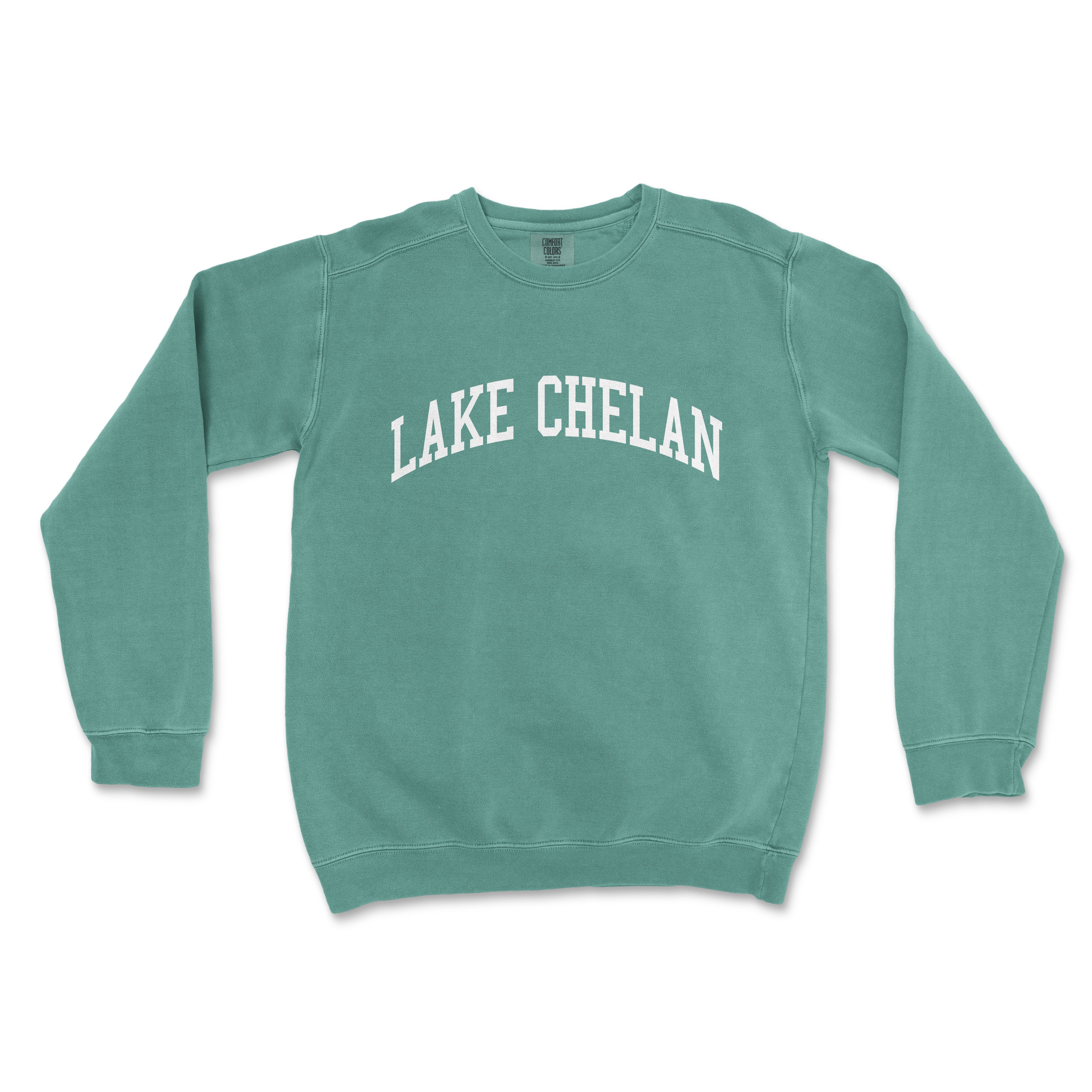 a green sweatshirt with the word lake chelan printed on it