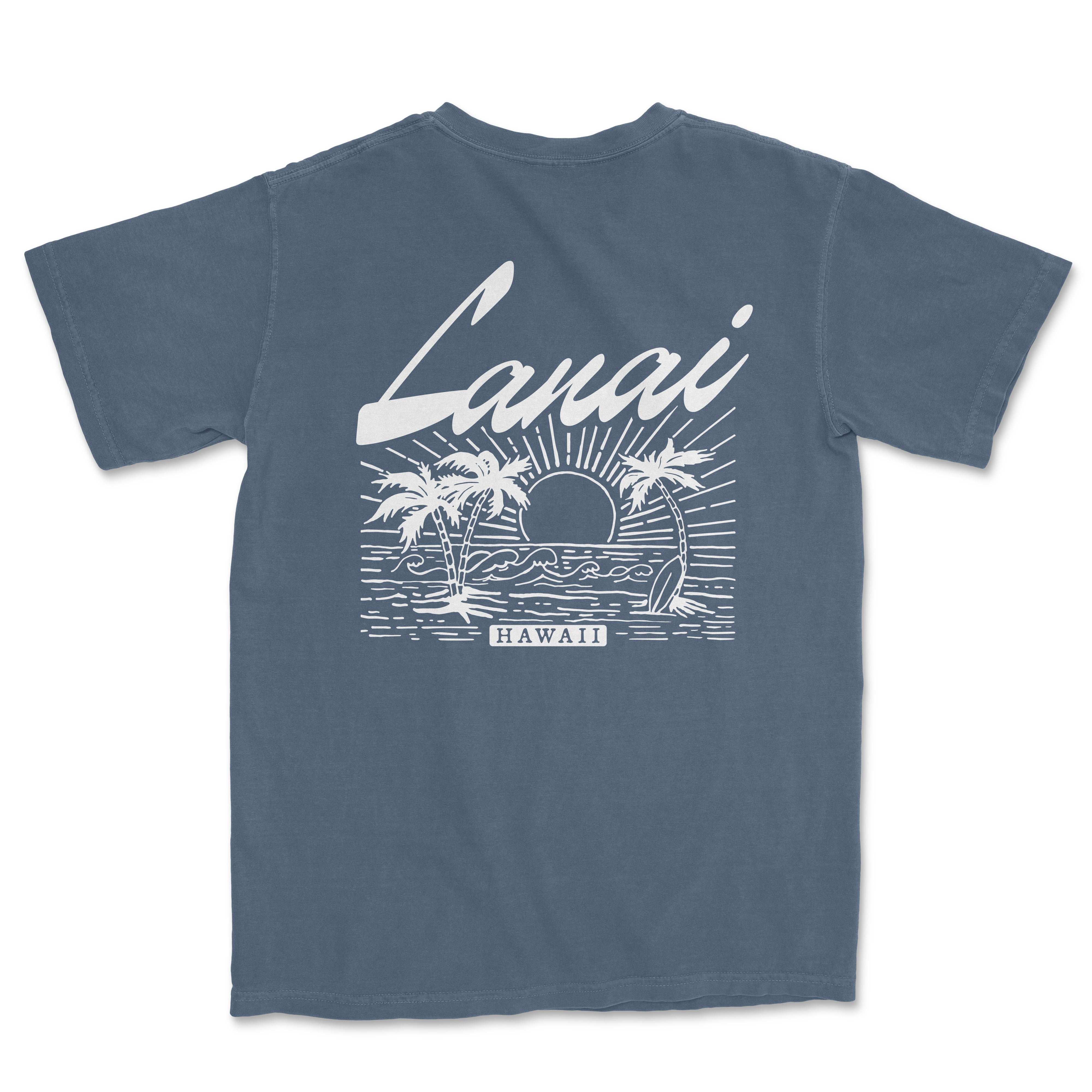 a blue t - shirt with a sunset and the words lanai on it