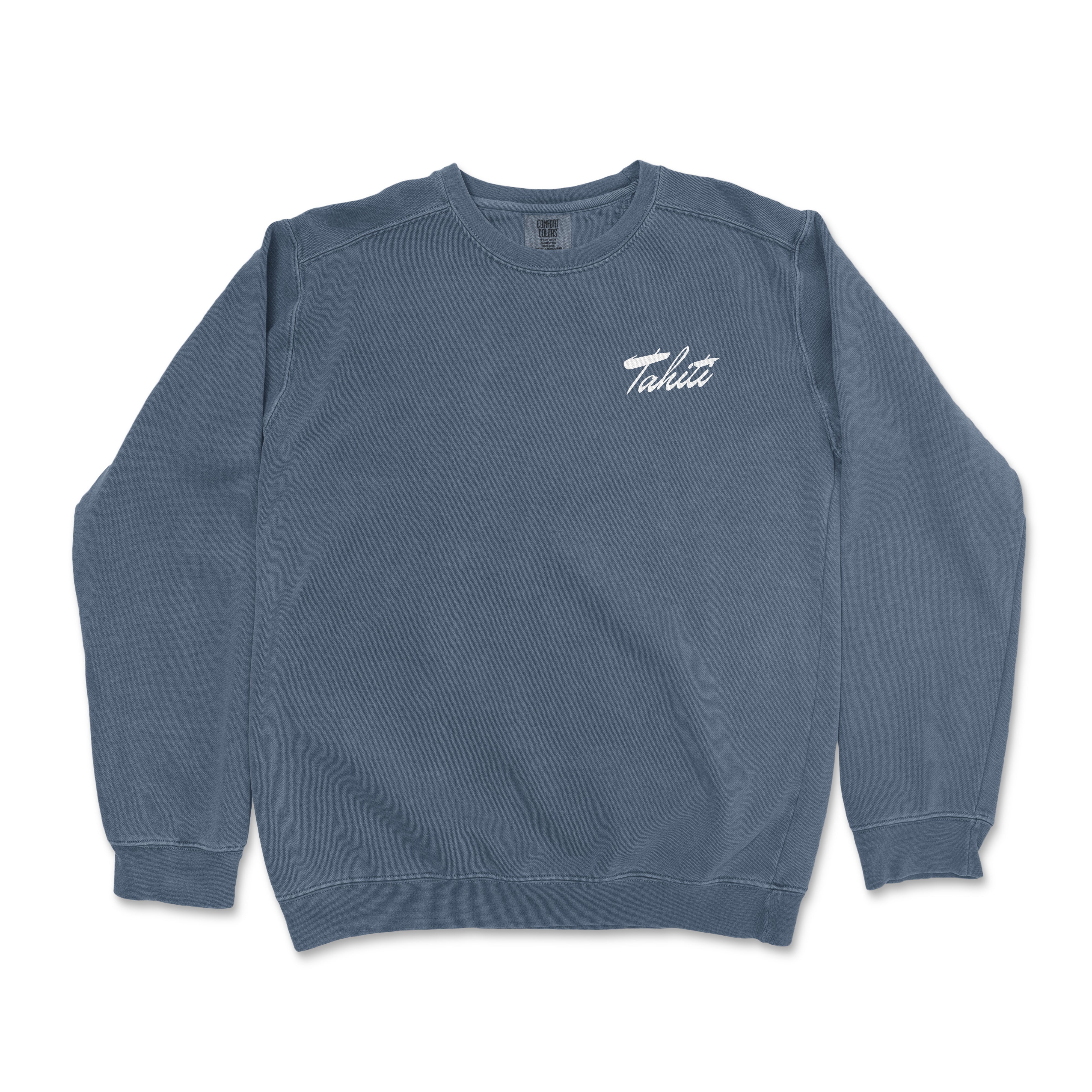 a blue sweatshirt with a white logo on it