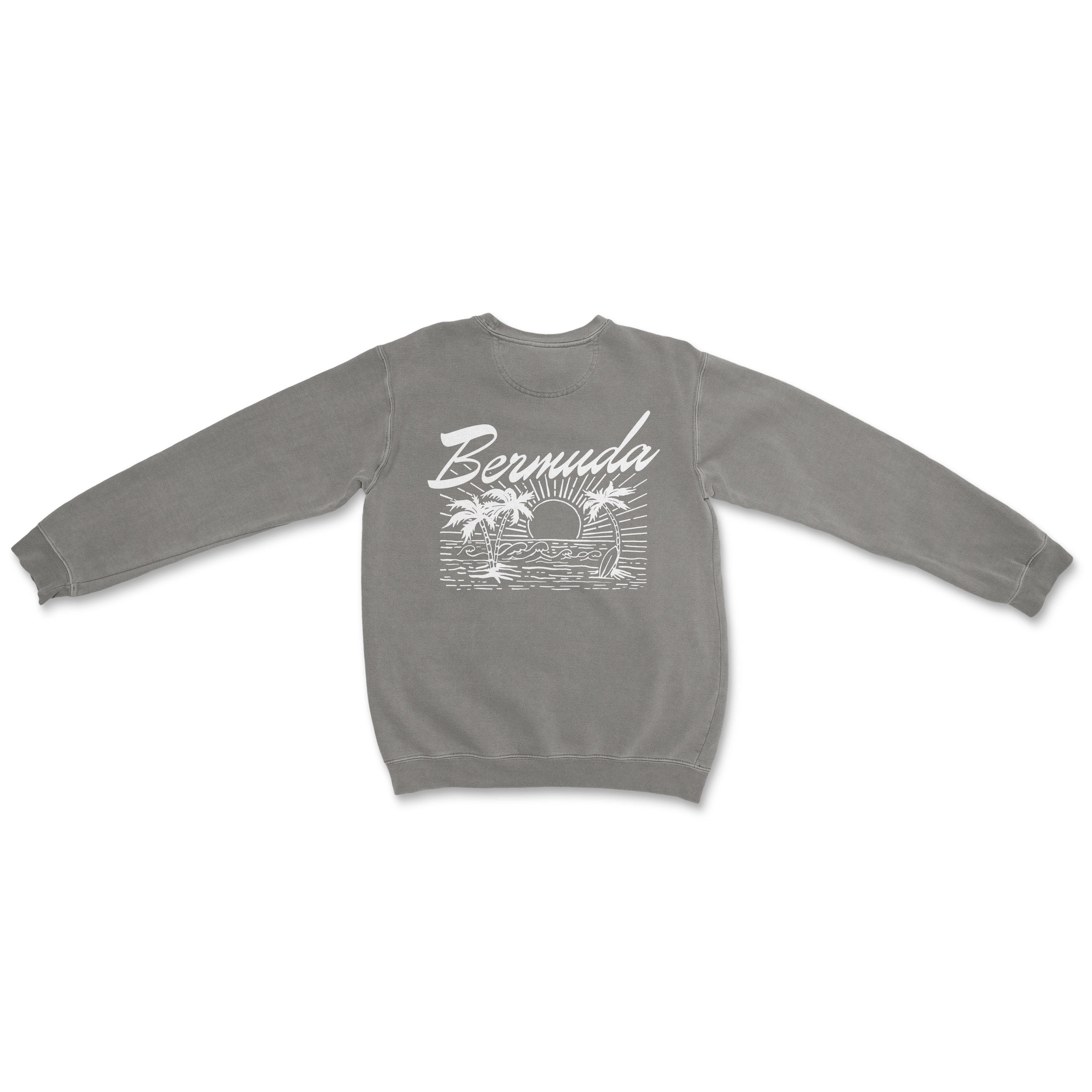 a grey sweatshirt with a palm tree and the words, beach, on it