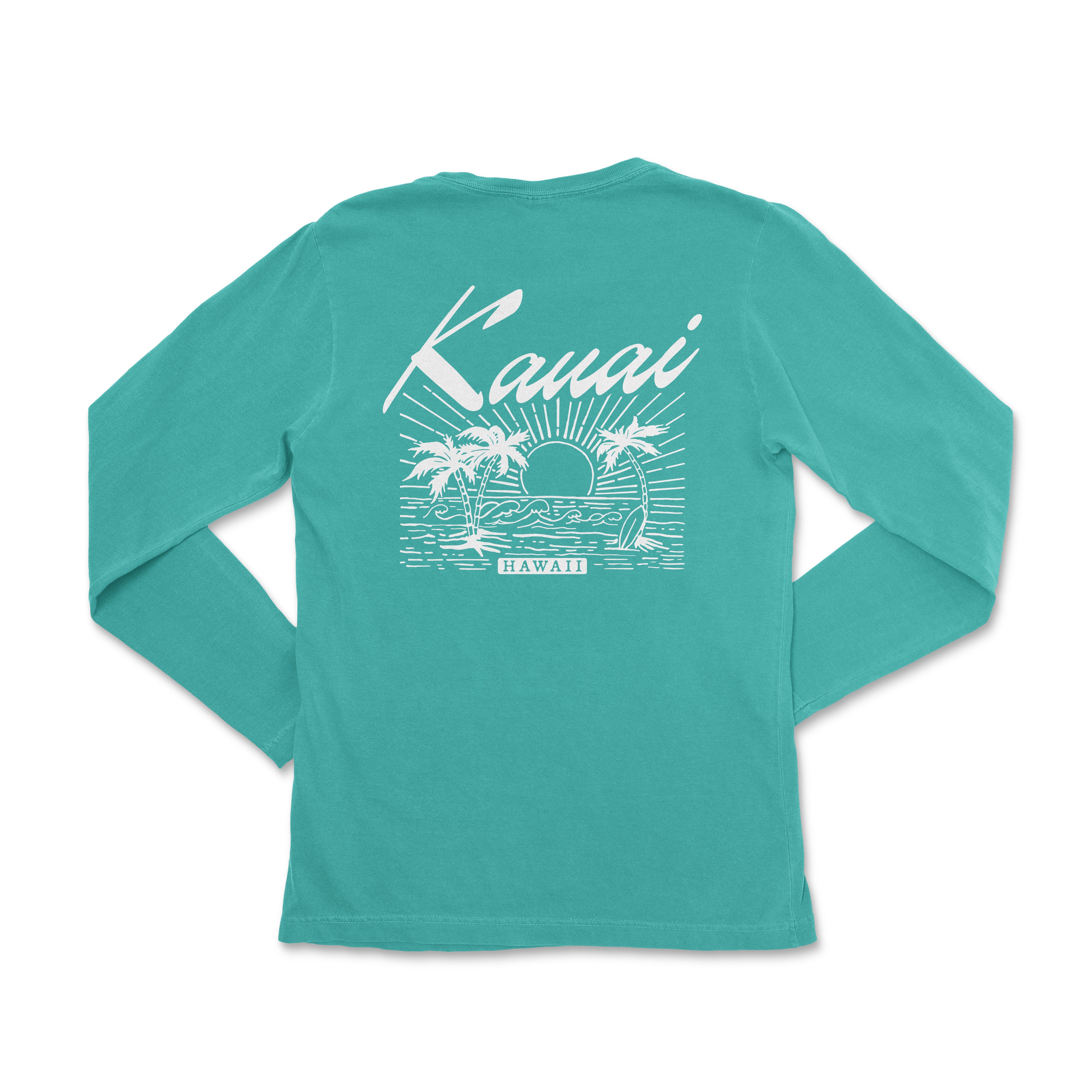 a women's long sleeve shirt with the words kauai on it