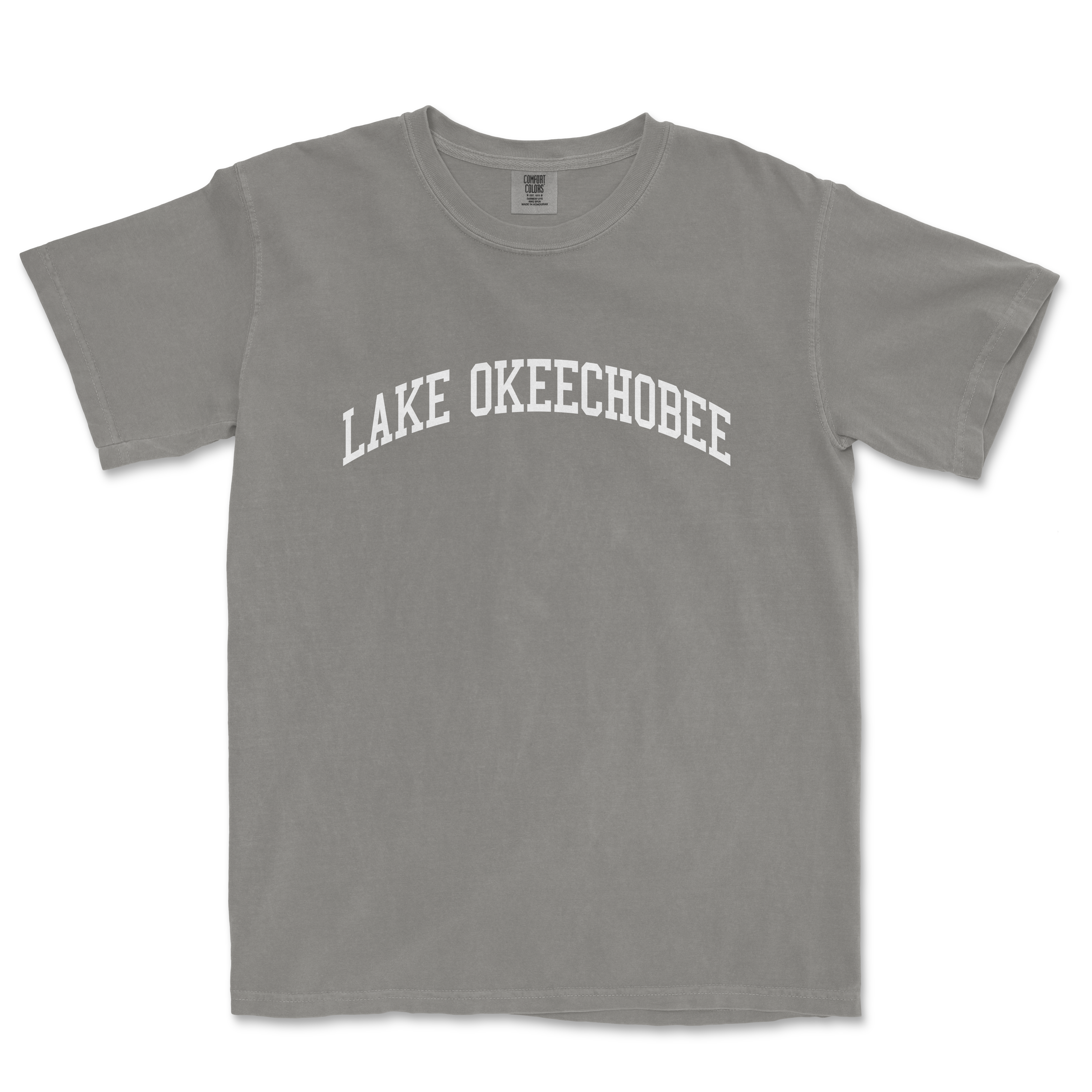 a gray lake okeechobee t - shirt on a white background