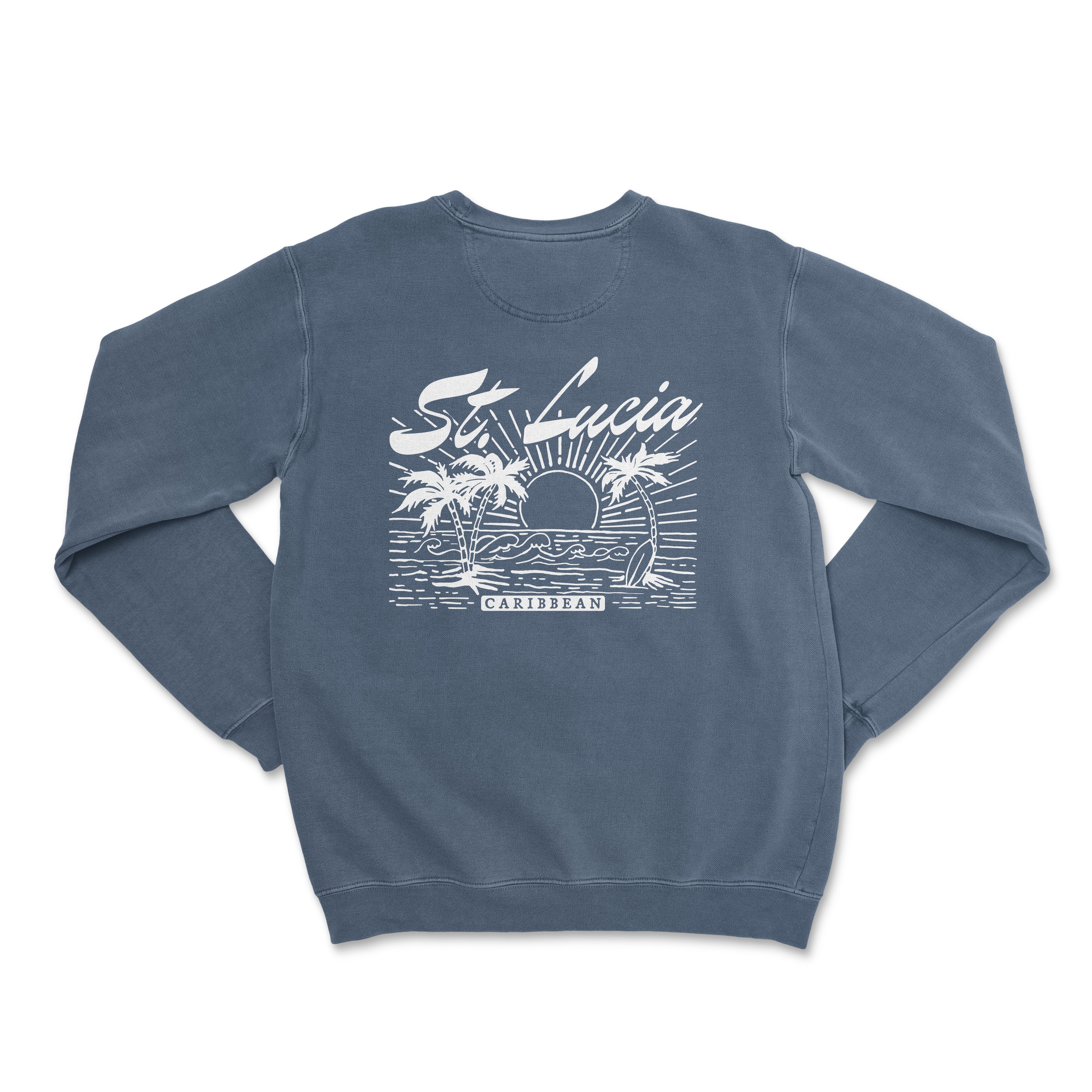 the back of a blue sweatshirt with a picture of a beach and palm trees