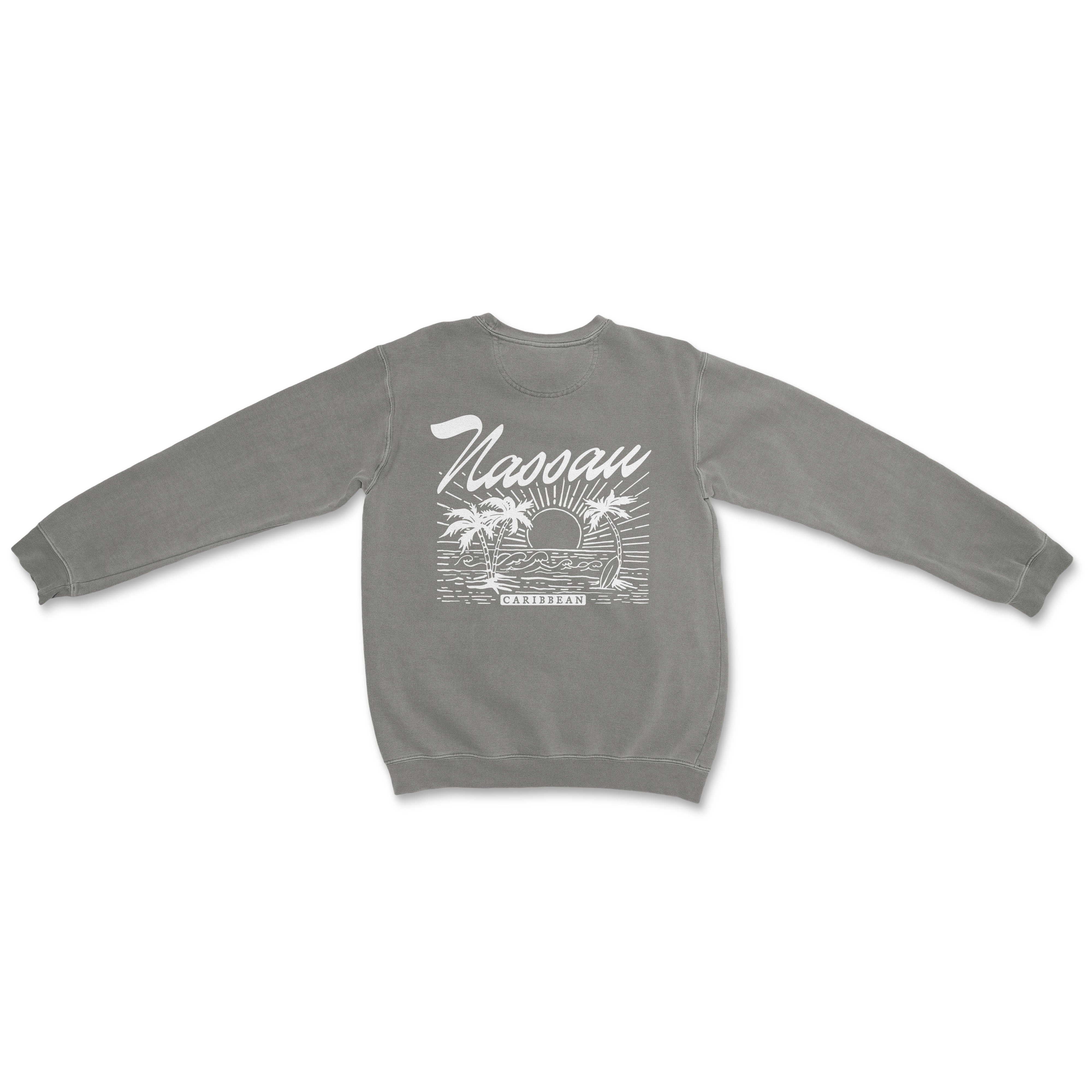 a gray sweatshirt with a palm tree on it