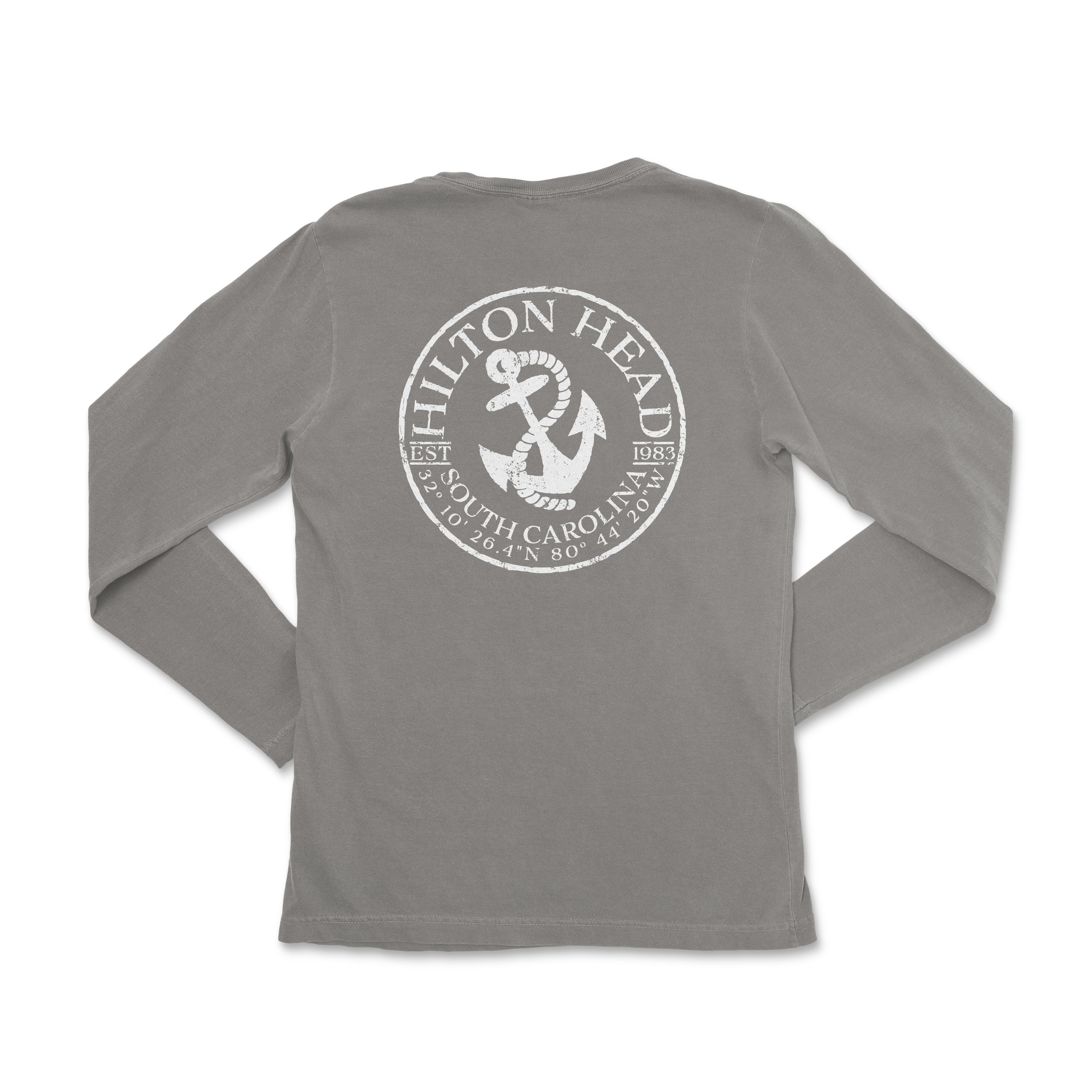 the back of a gray long sleeve shirt with a white anchor on it