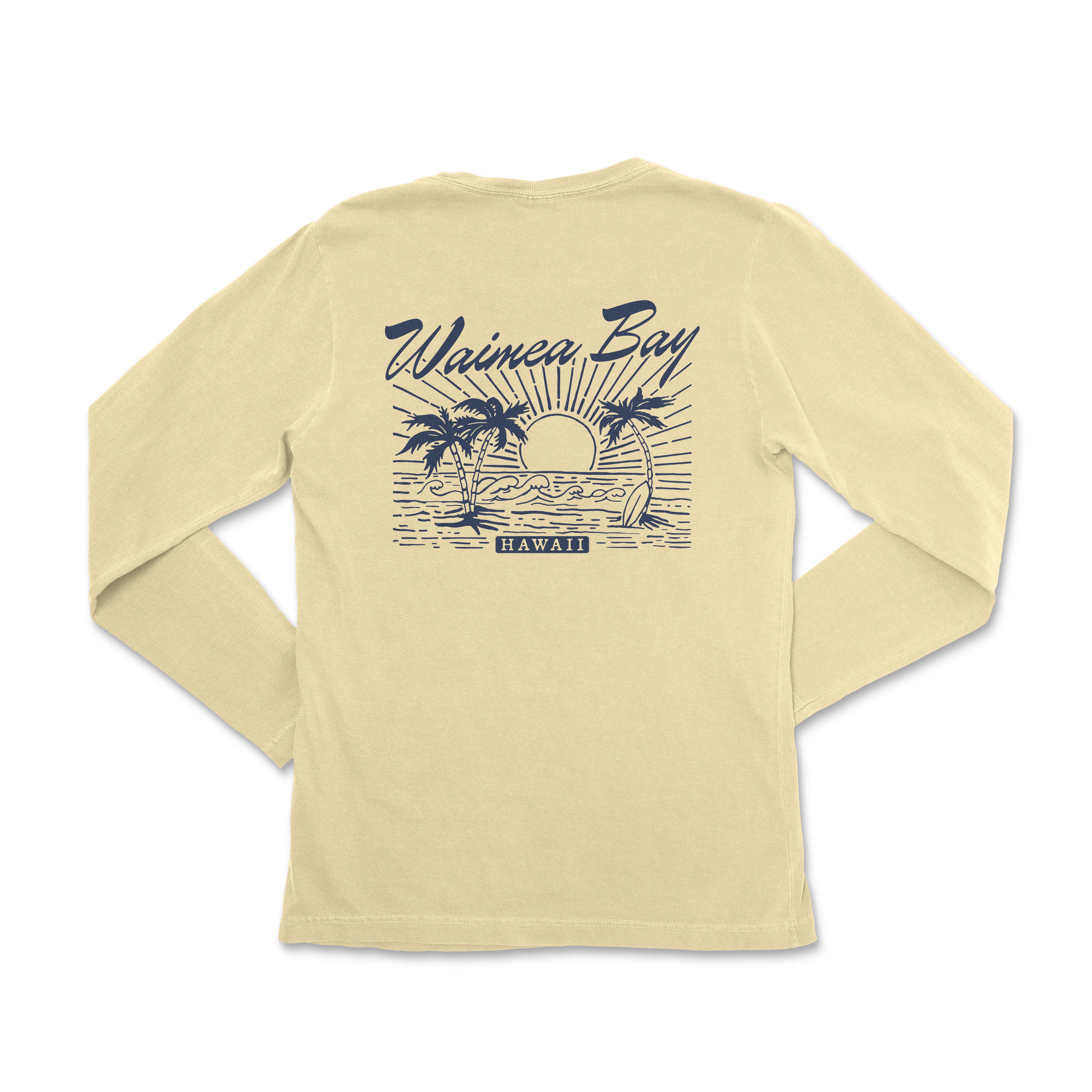 a women's long - sleeved shirt with a sunset and palm trees on