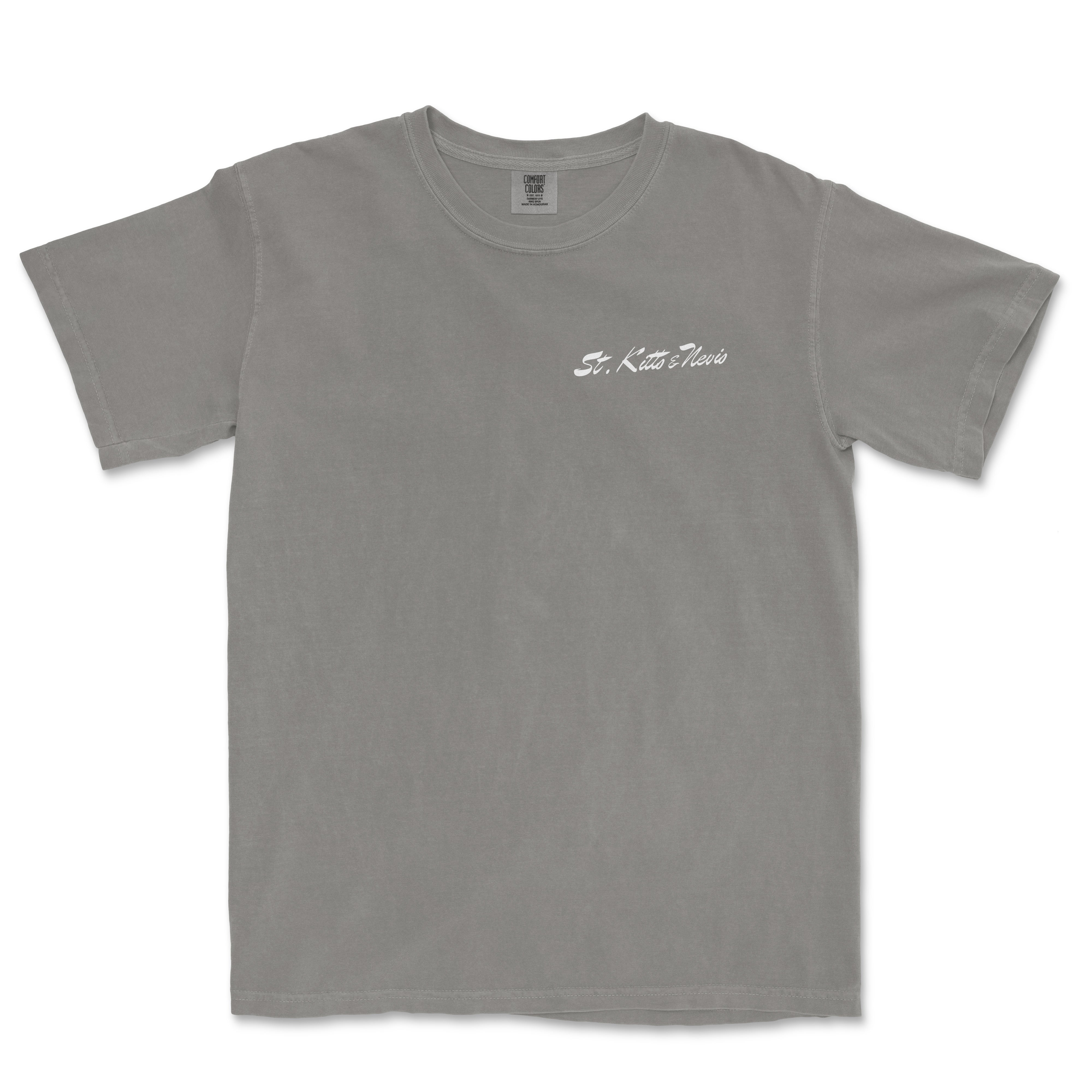 a gray t - shirt with a white embroidered logo