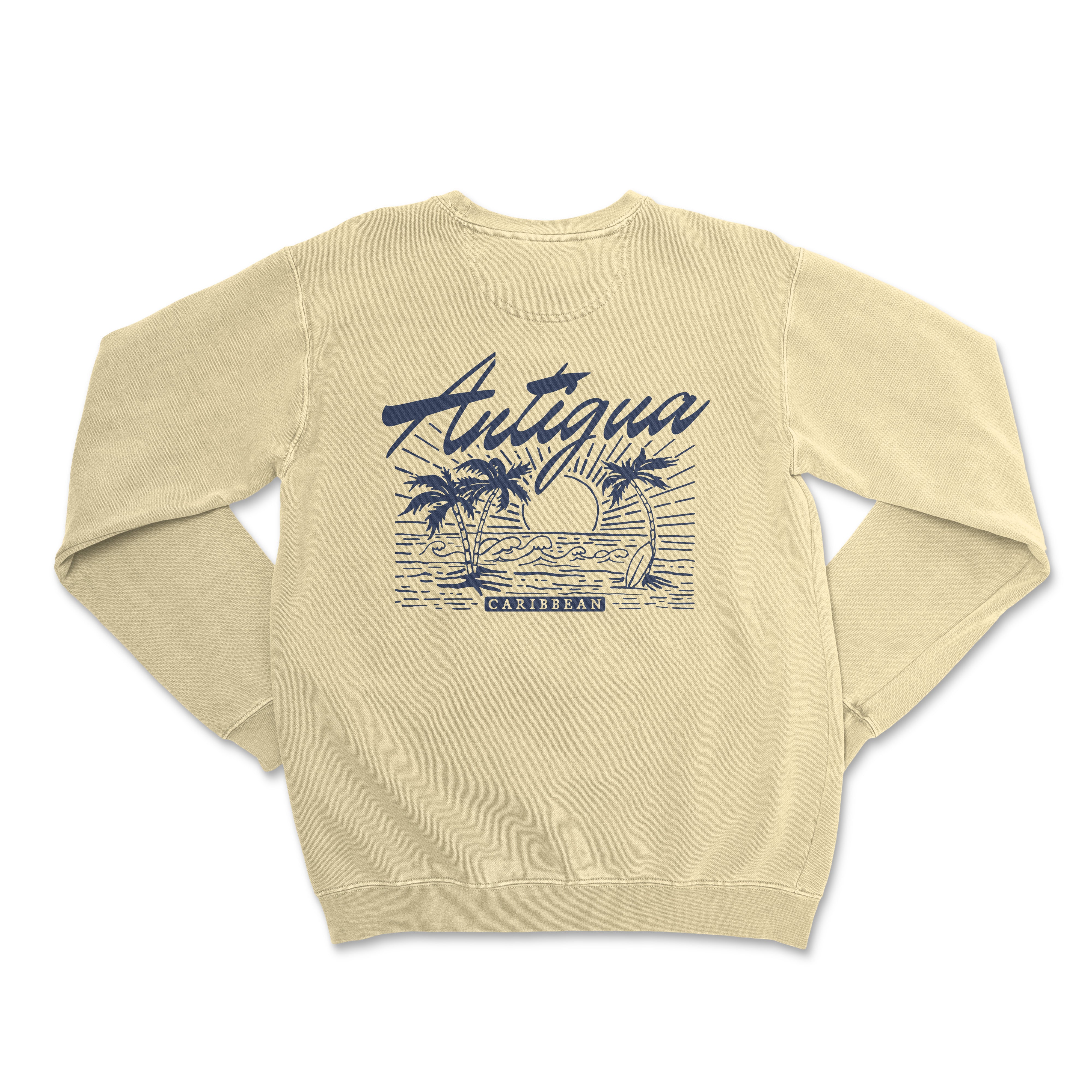 a sweatshirt with a picture of a boat and palm trees