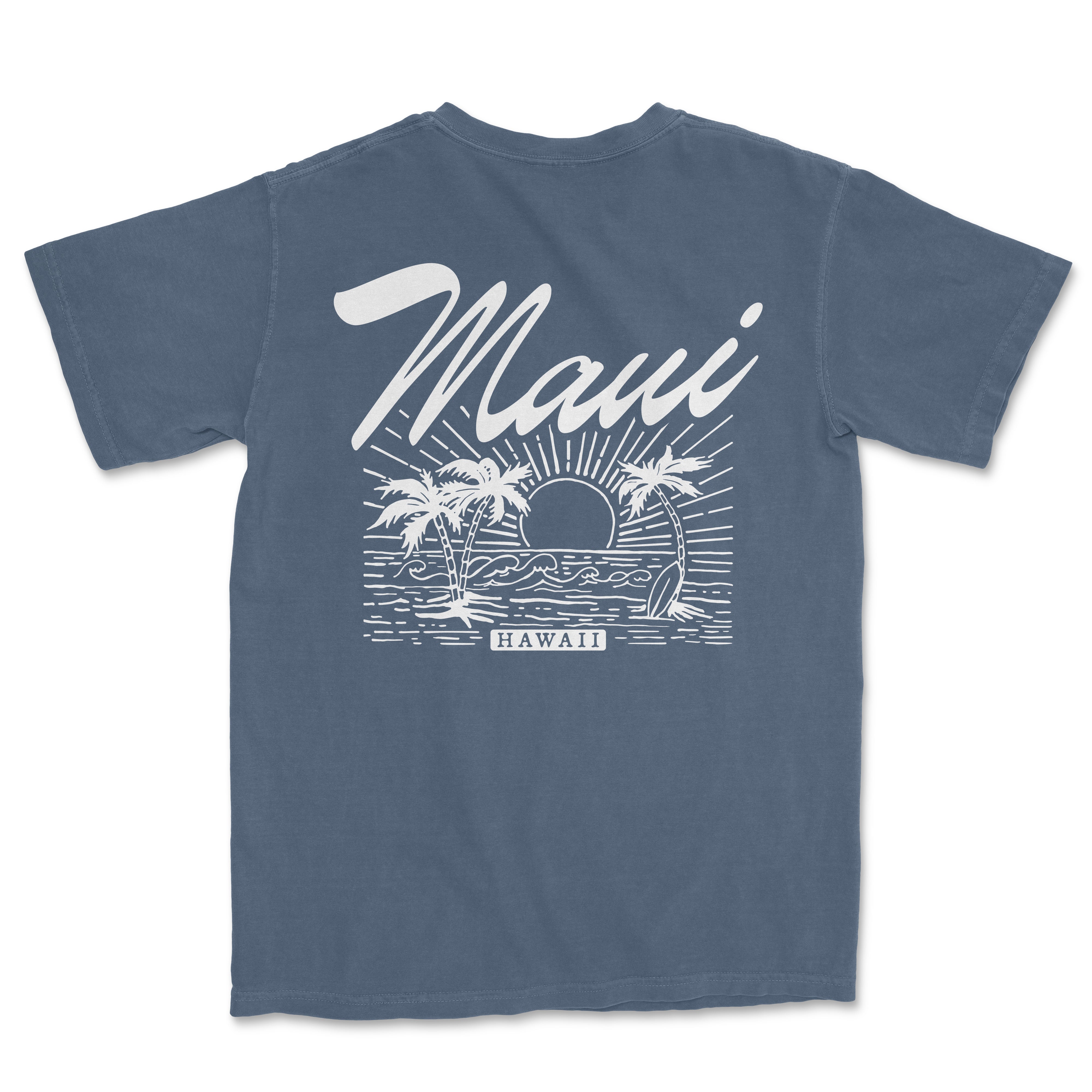 a blue t - shirt with a picture of a boat and palm trees