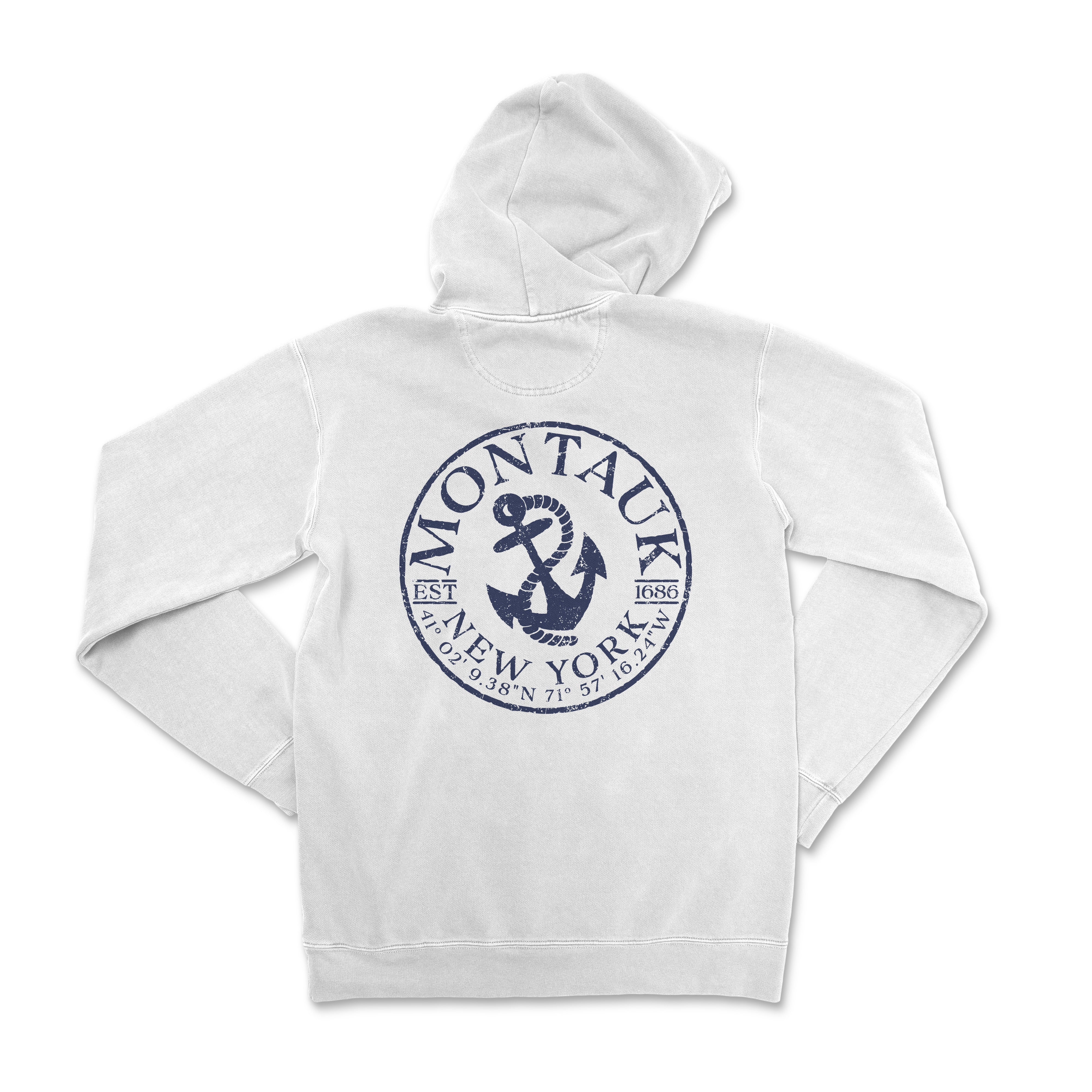 a white hoodie with a blue anchor on it