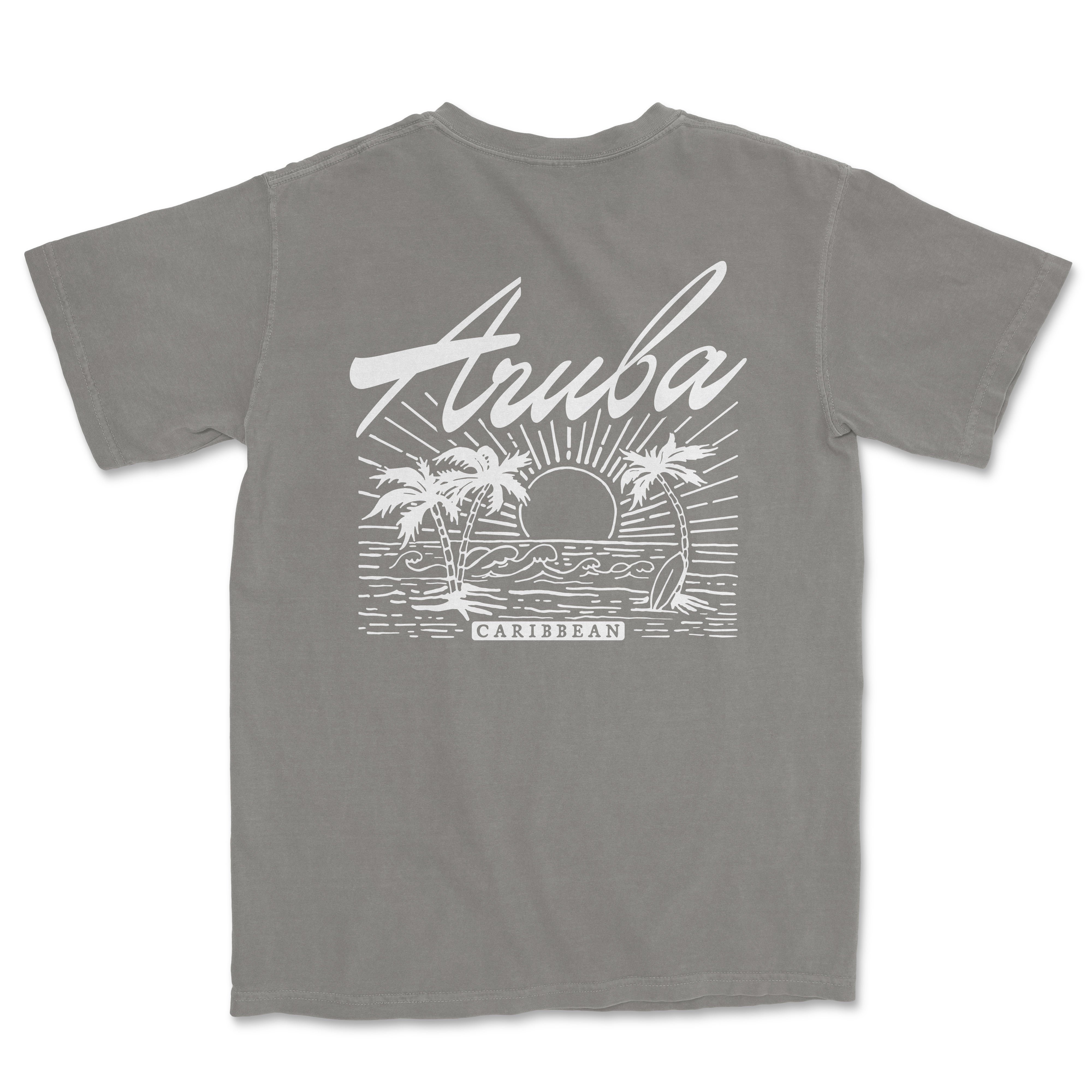 a gray t - shirt with the words aruba on it