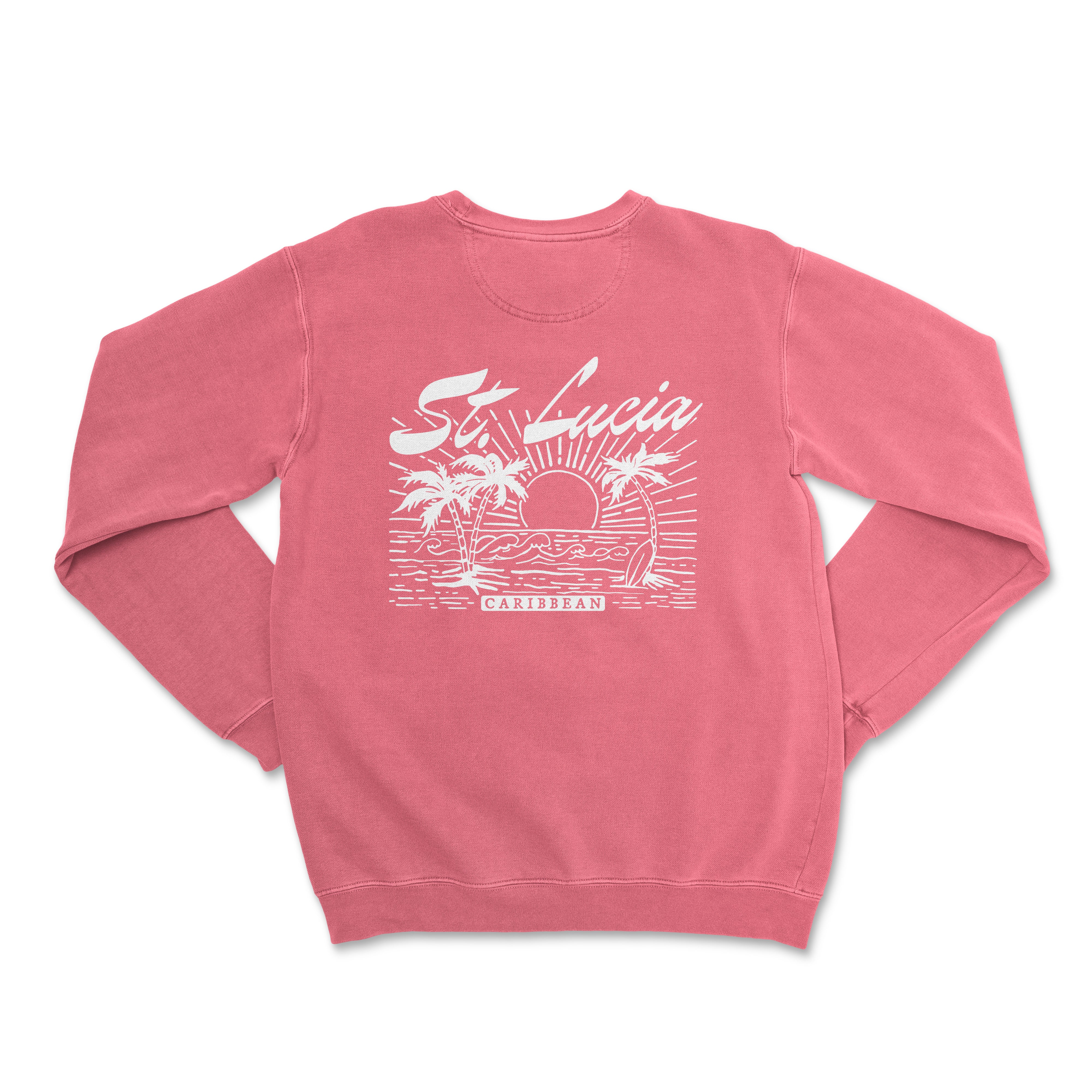 a pink sweatshirt with a picture of a sunset and palm trees