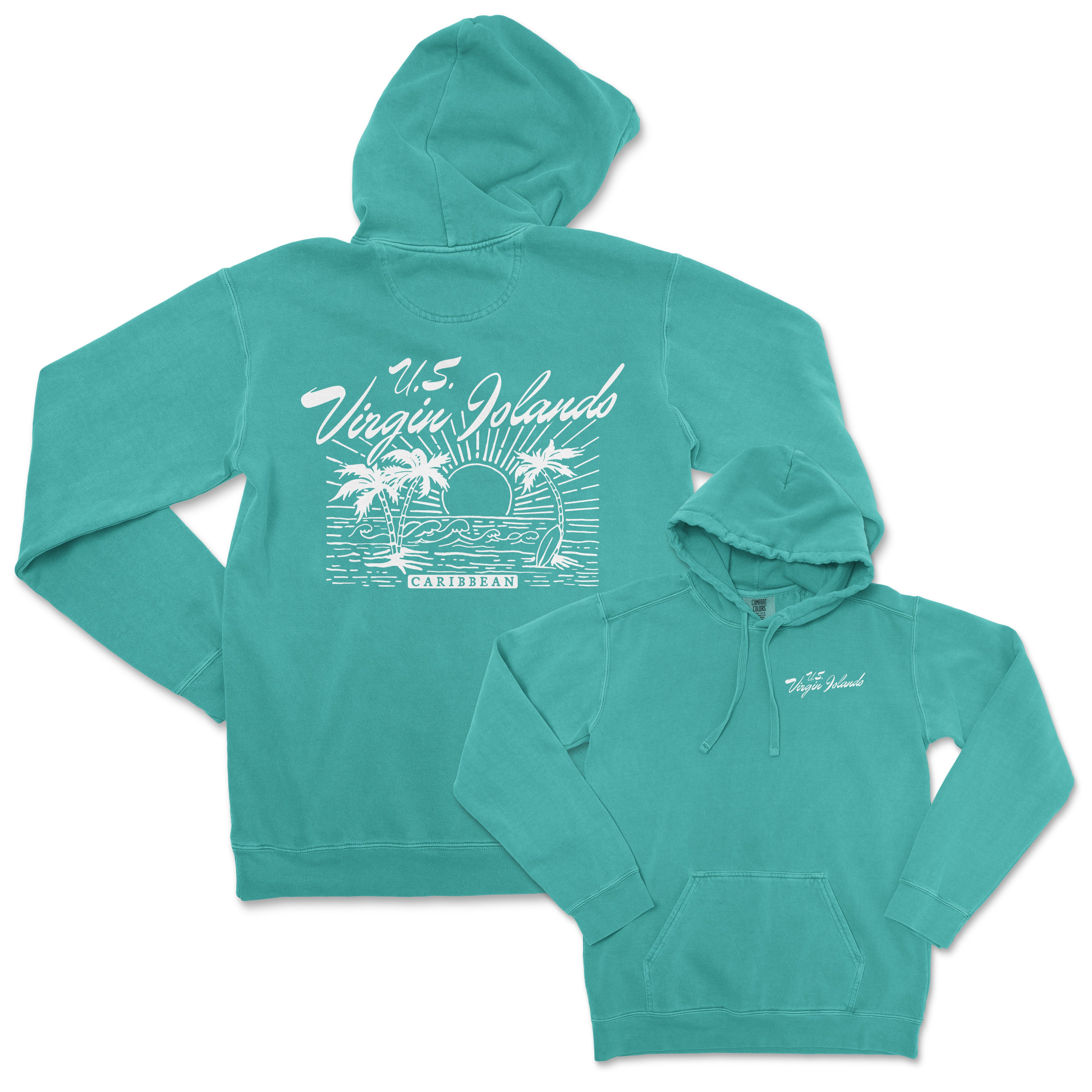 a green hoodie with a picture of a beach and palm trees