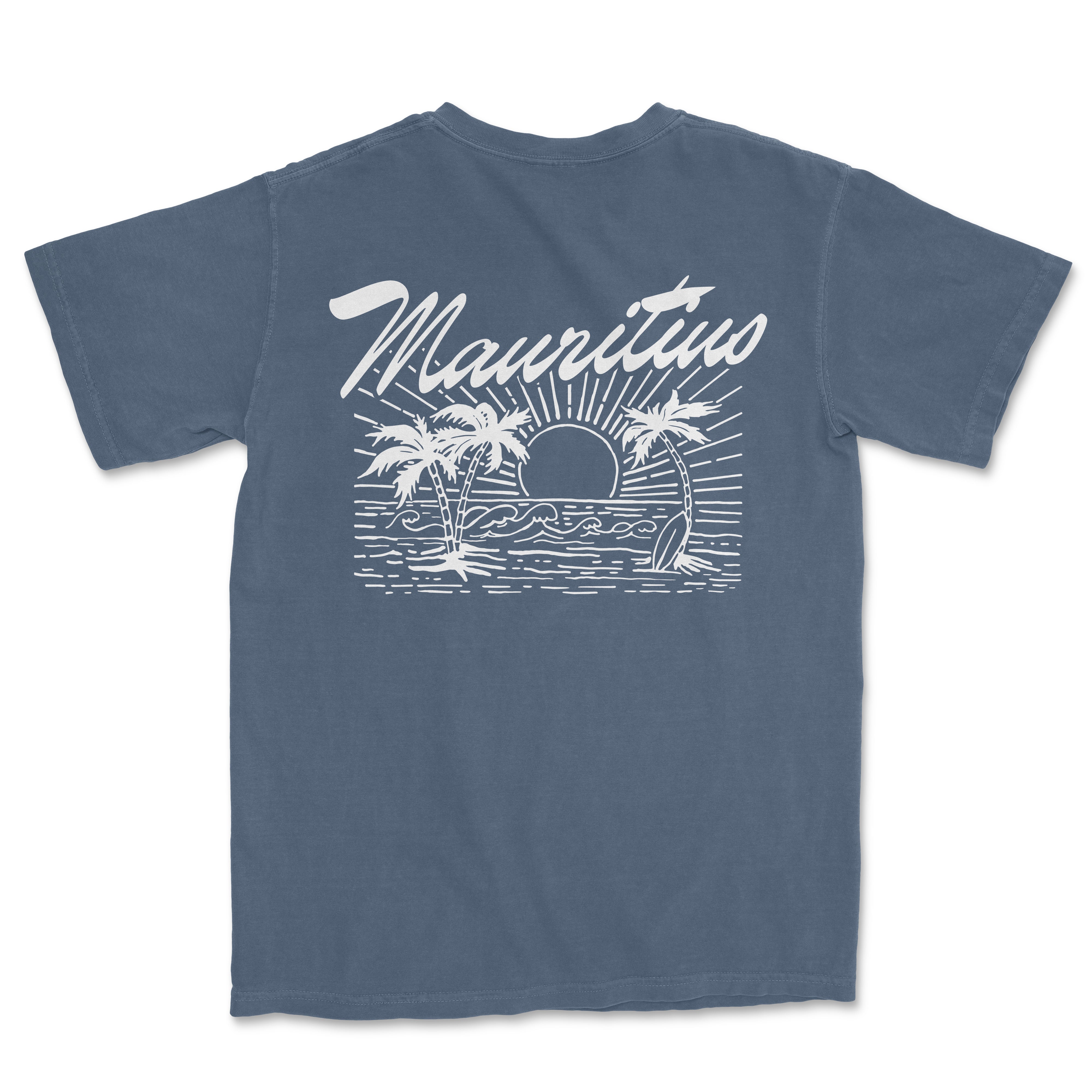 a blue t - shirt with a picture of a boat and palm trees