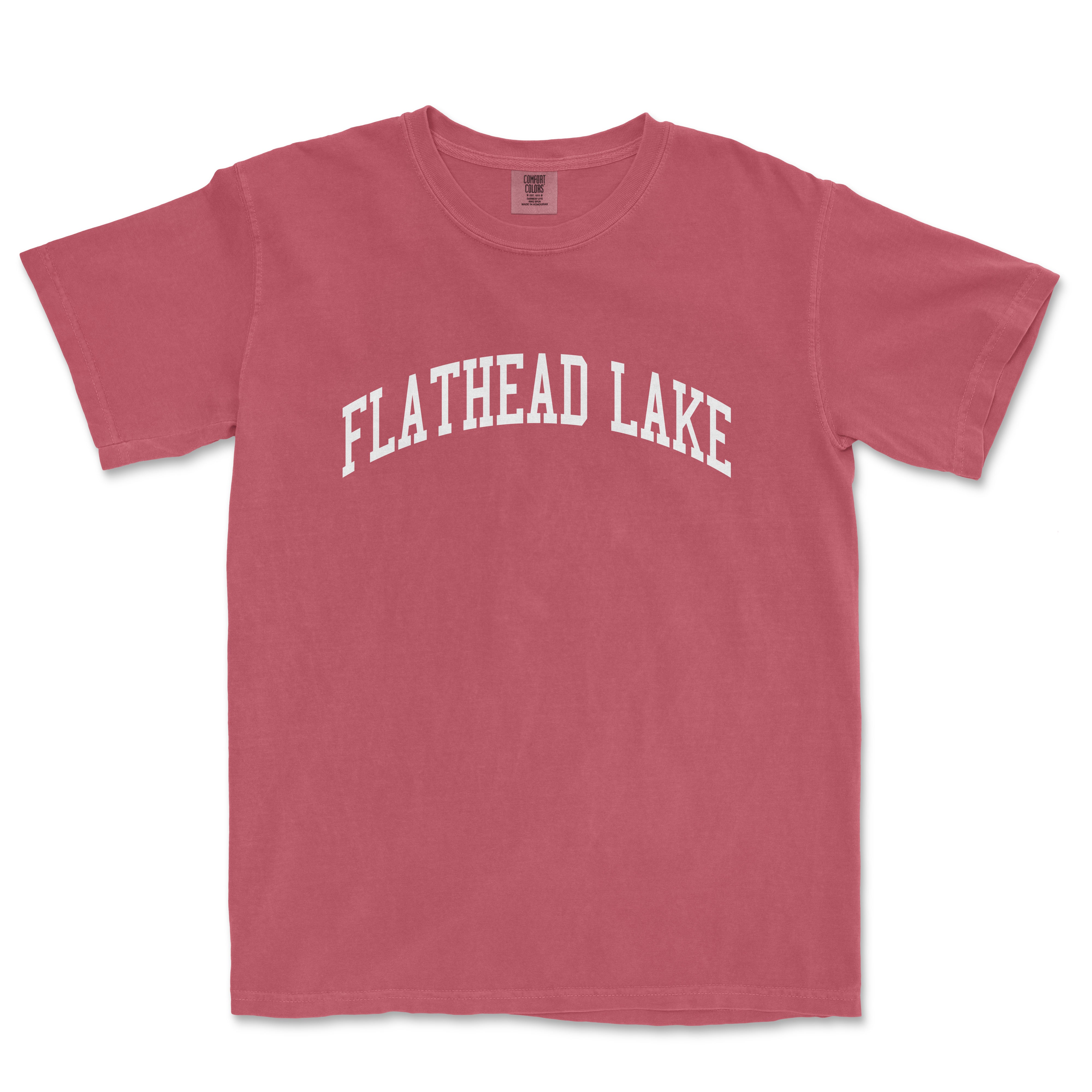 a red t - shirt with the word flathead lake printed on it