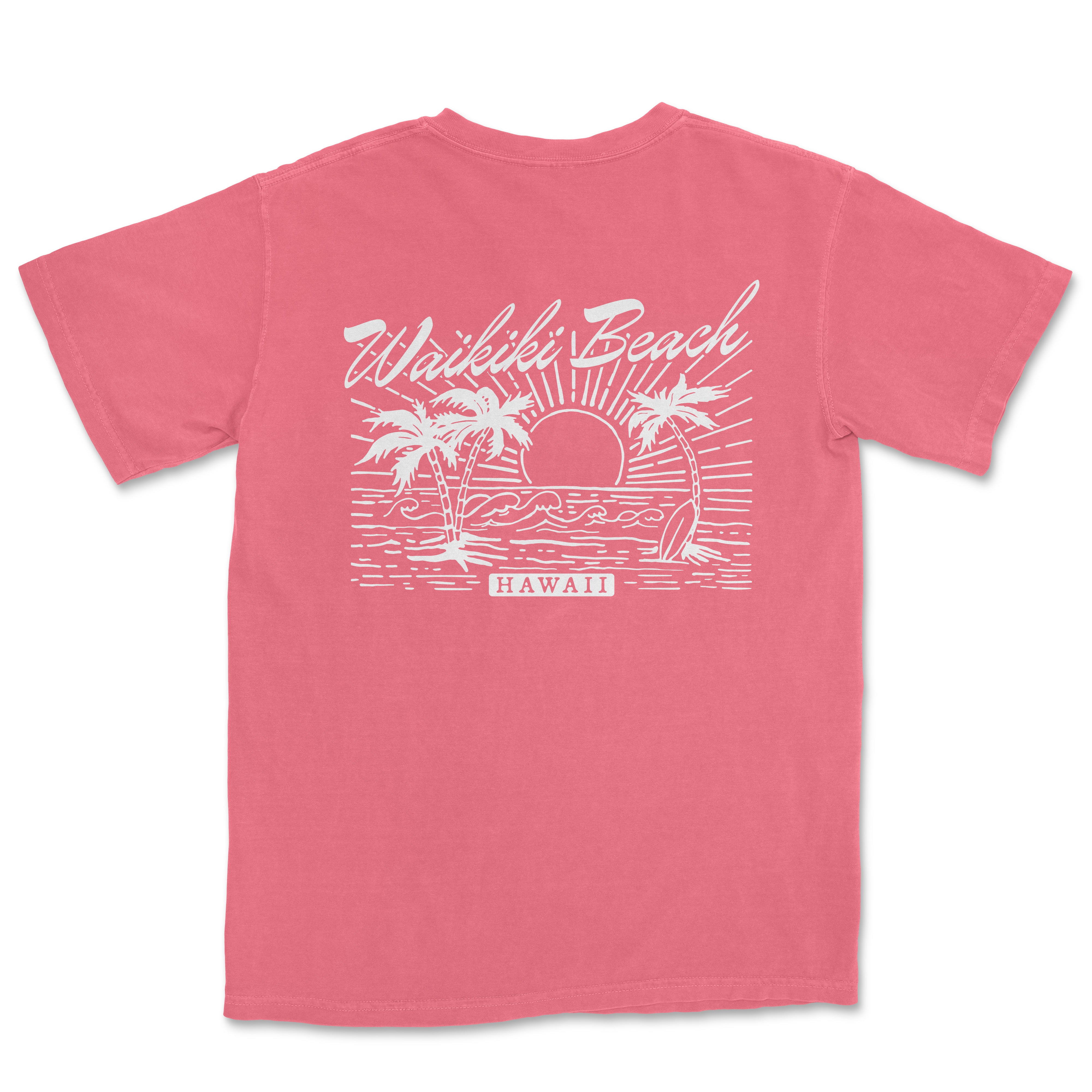 a pink t - shirt with a sunset and palm trees