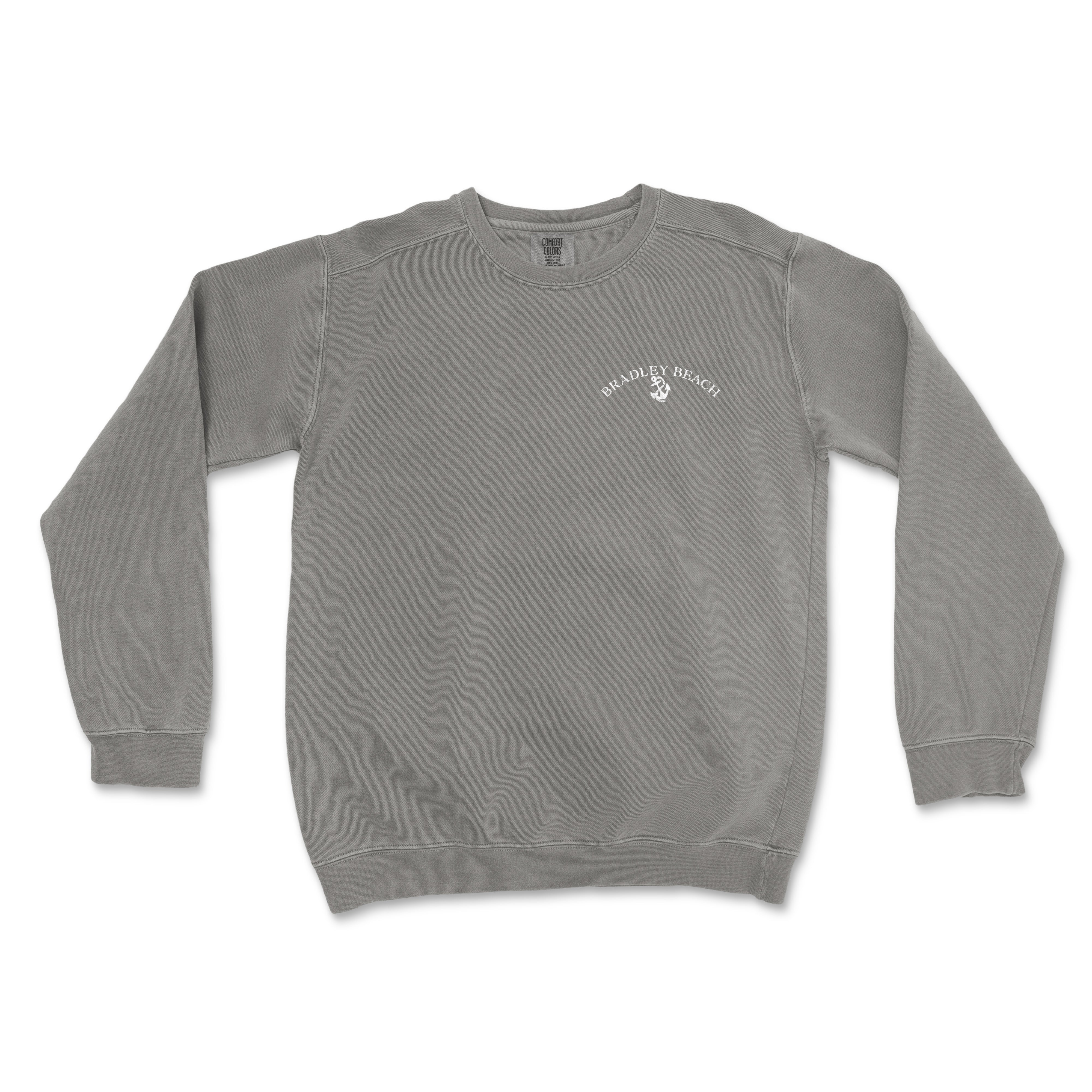 a gray sweatshirt with a white logo on it