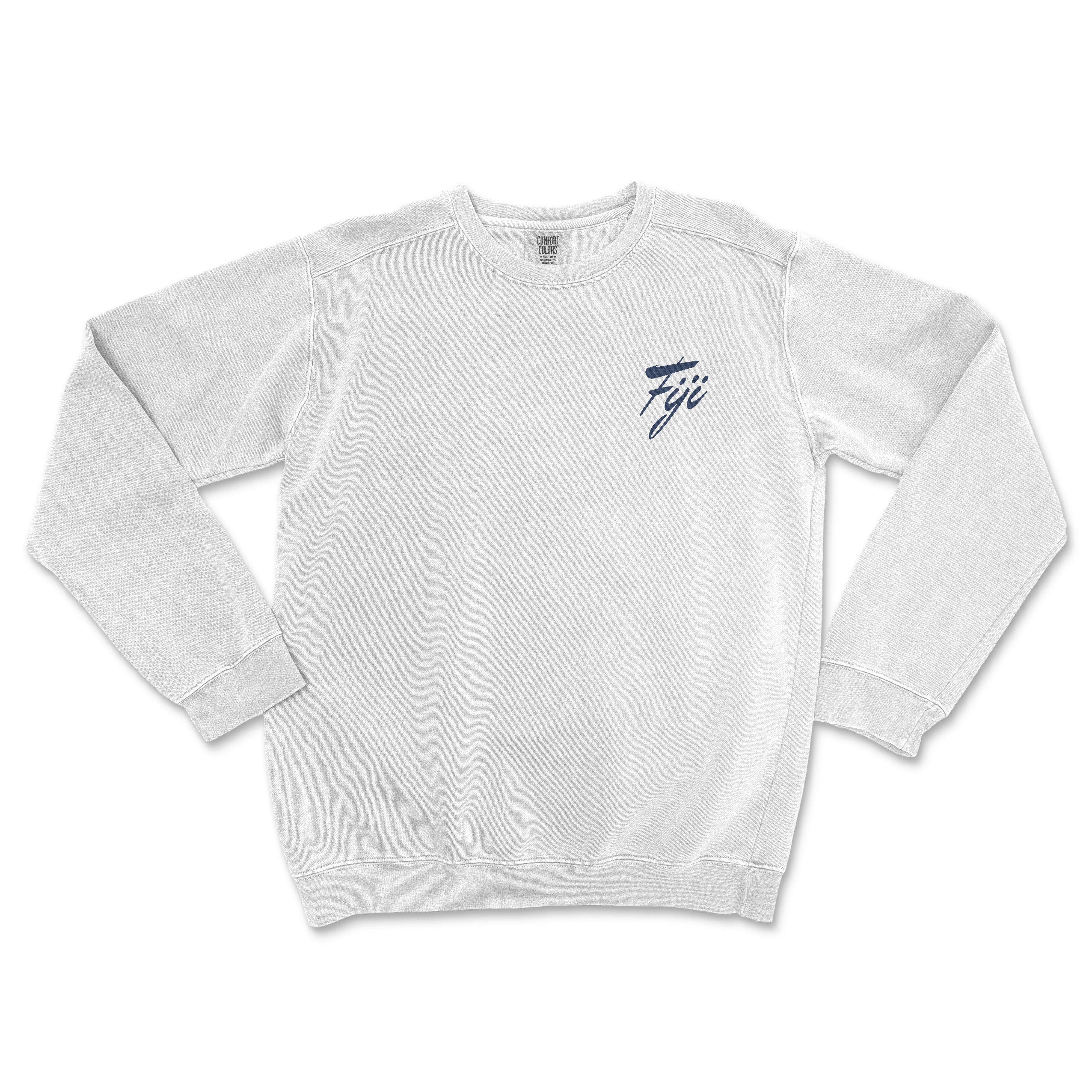 a white sweatshirt with a blue logo on it