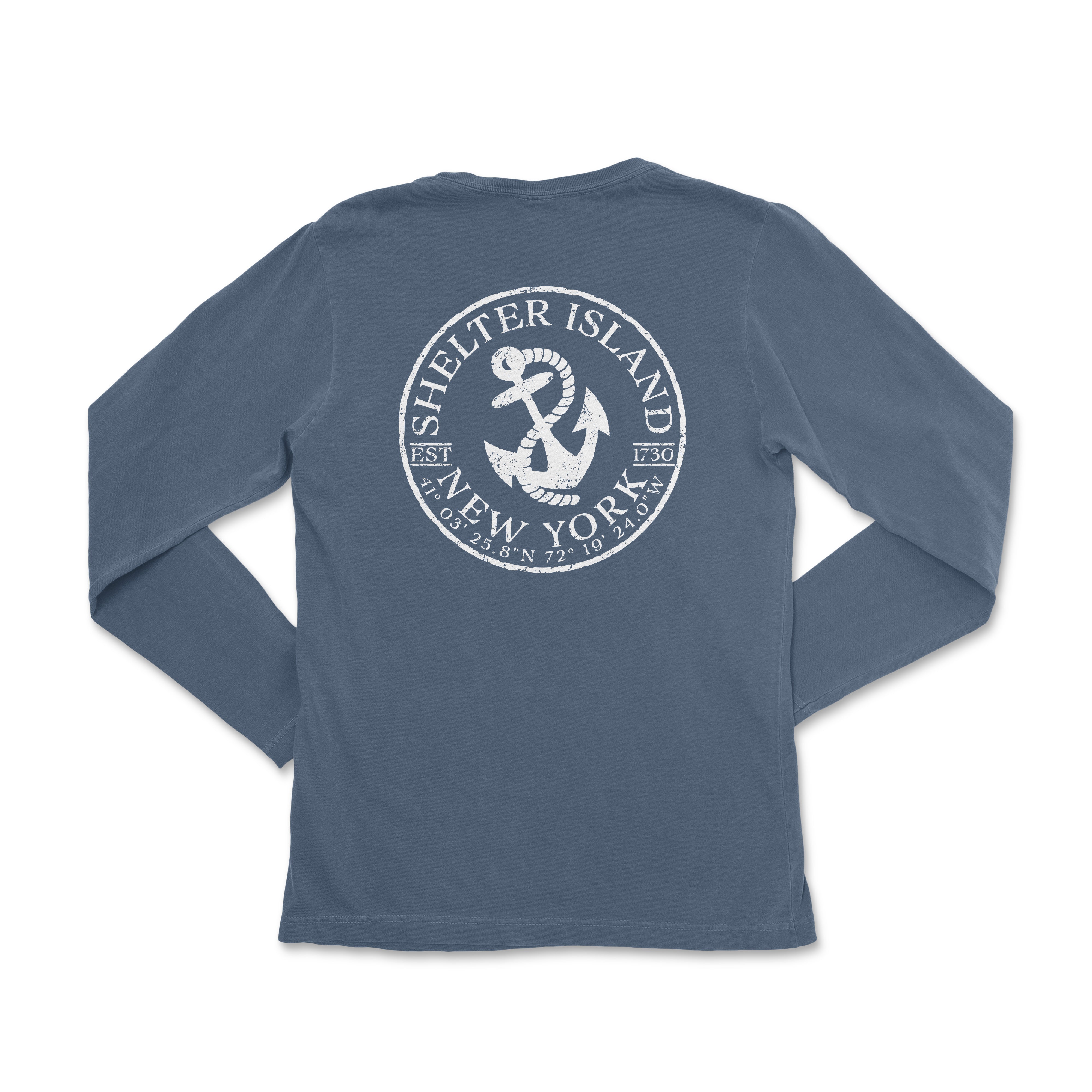 a blue long sleeve shirt with a white anchor on it