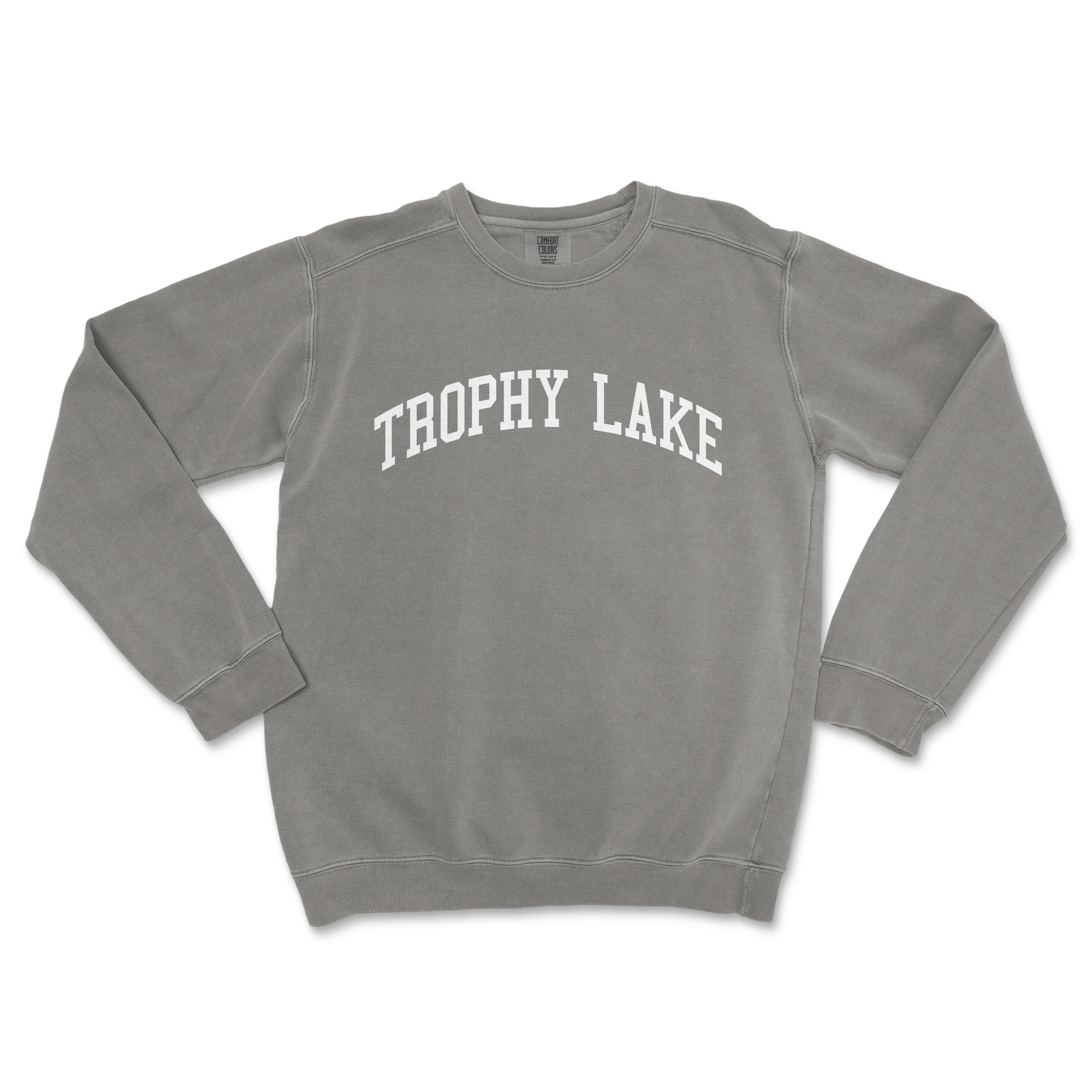 a grey sweatshirt with the words trophy lake on it