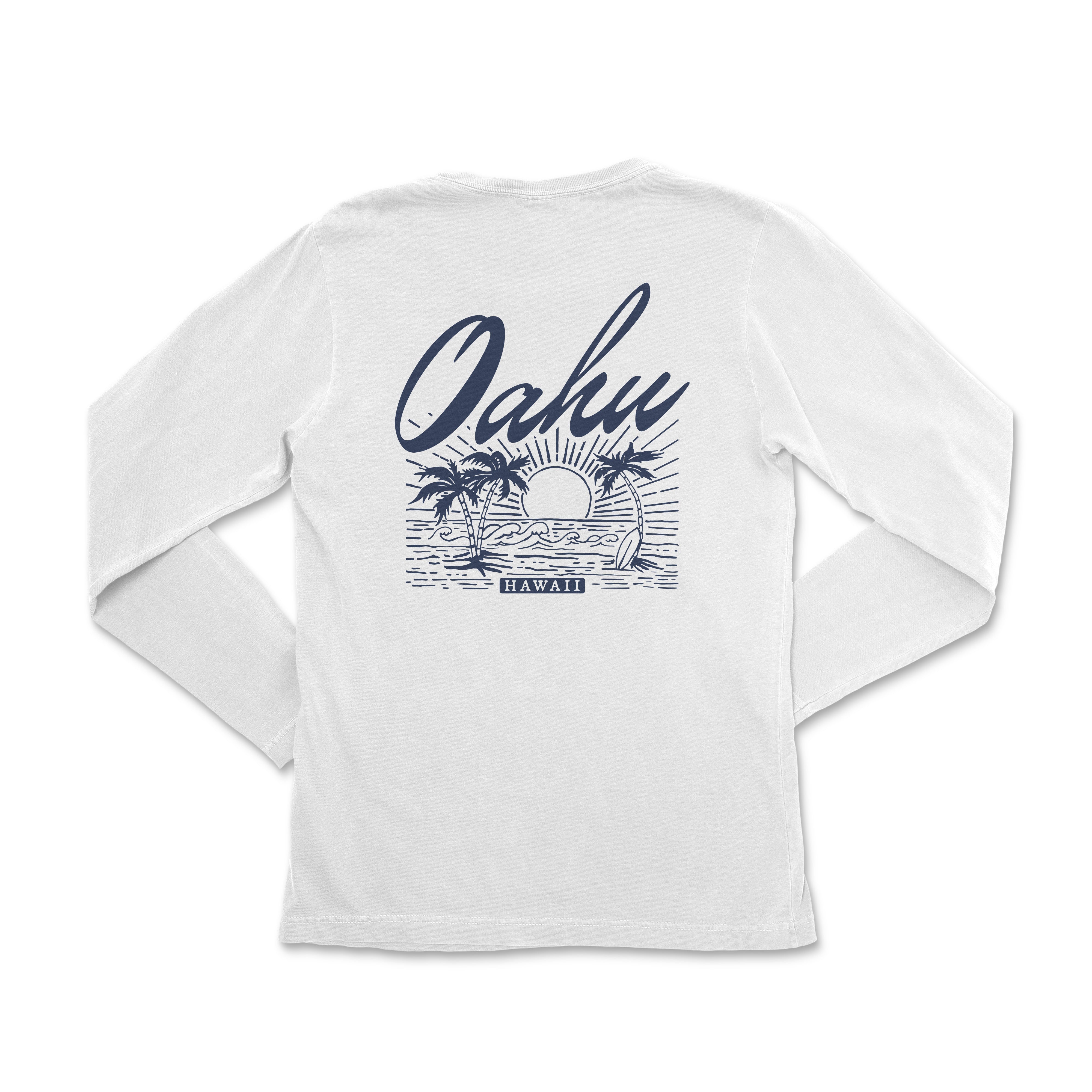 the back of a white long - sleeved shirt with the words oahuu