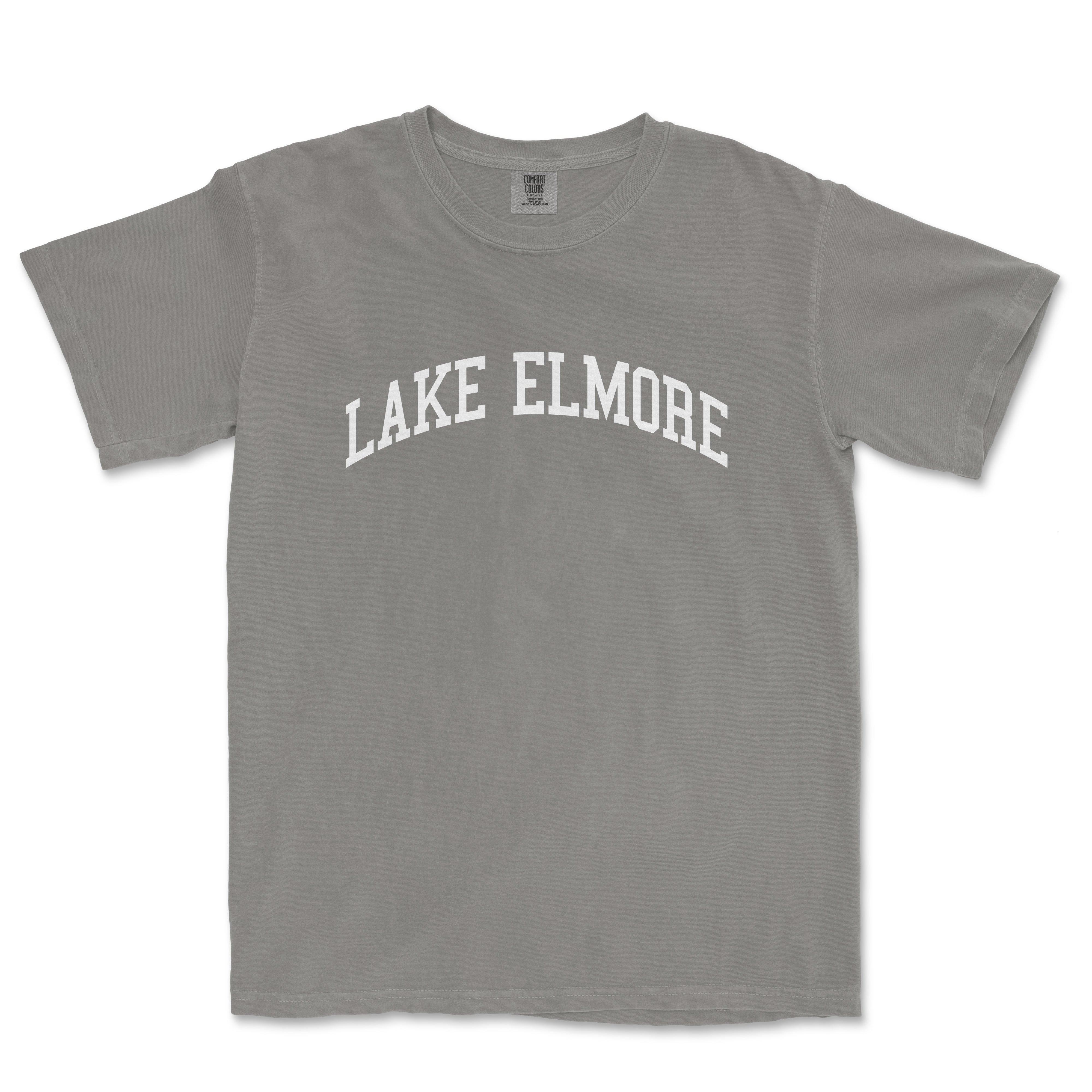 a gray shirt with the words lake elmore on it