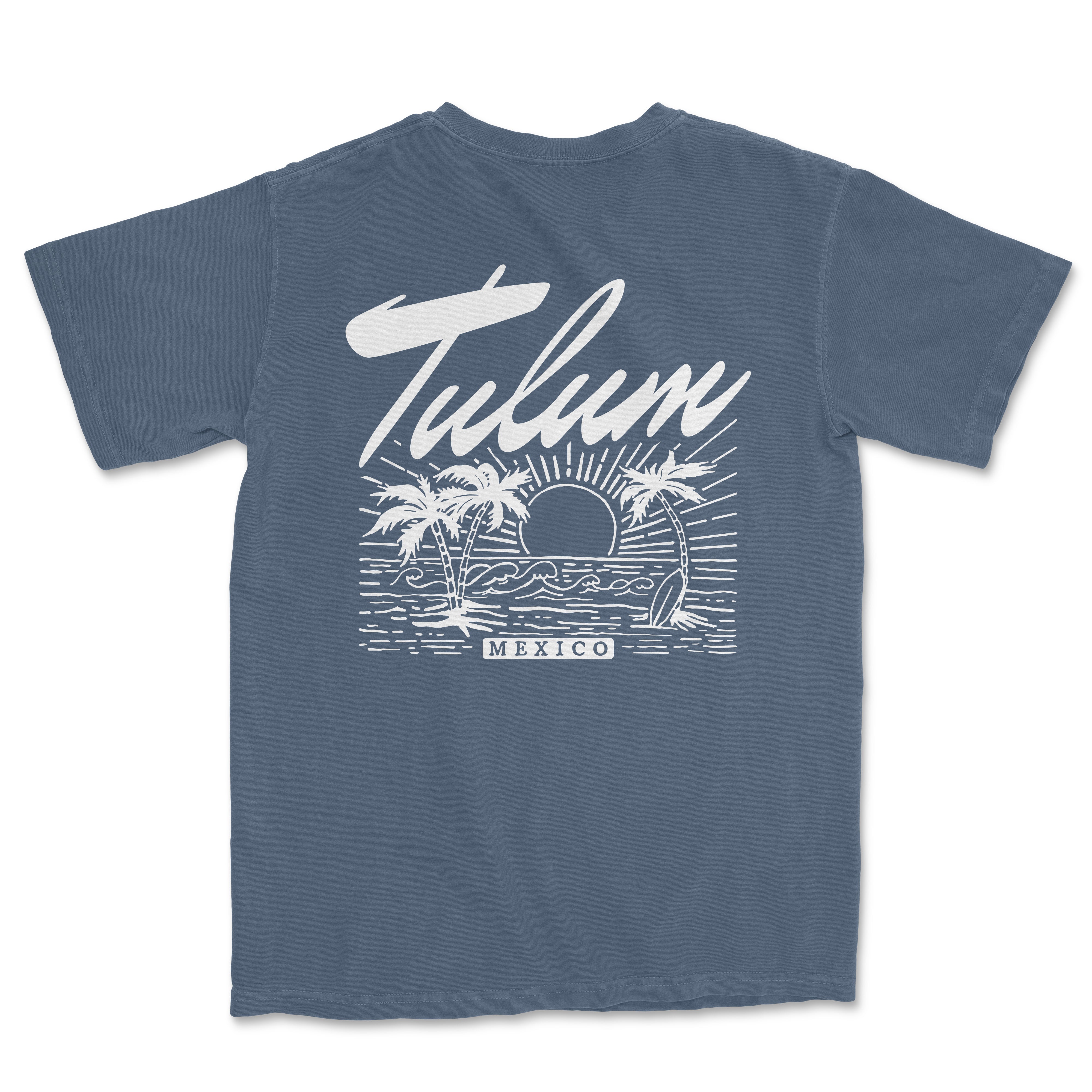 a blue t - shirt with a surfboard and palm trees