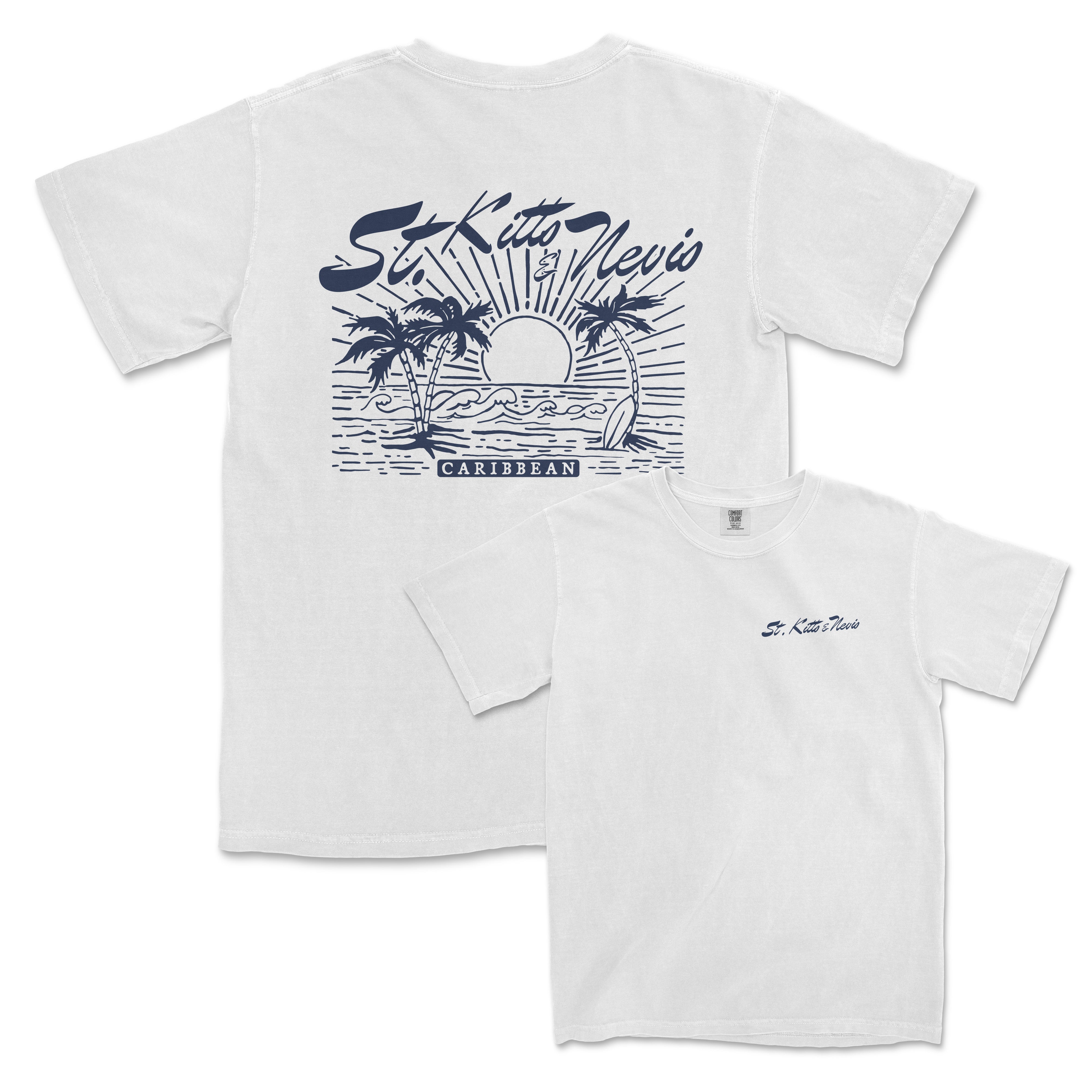 a white t - shirt with a picture of a sunset and palm trees