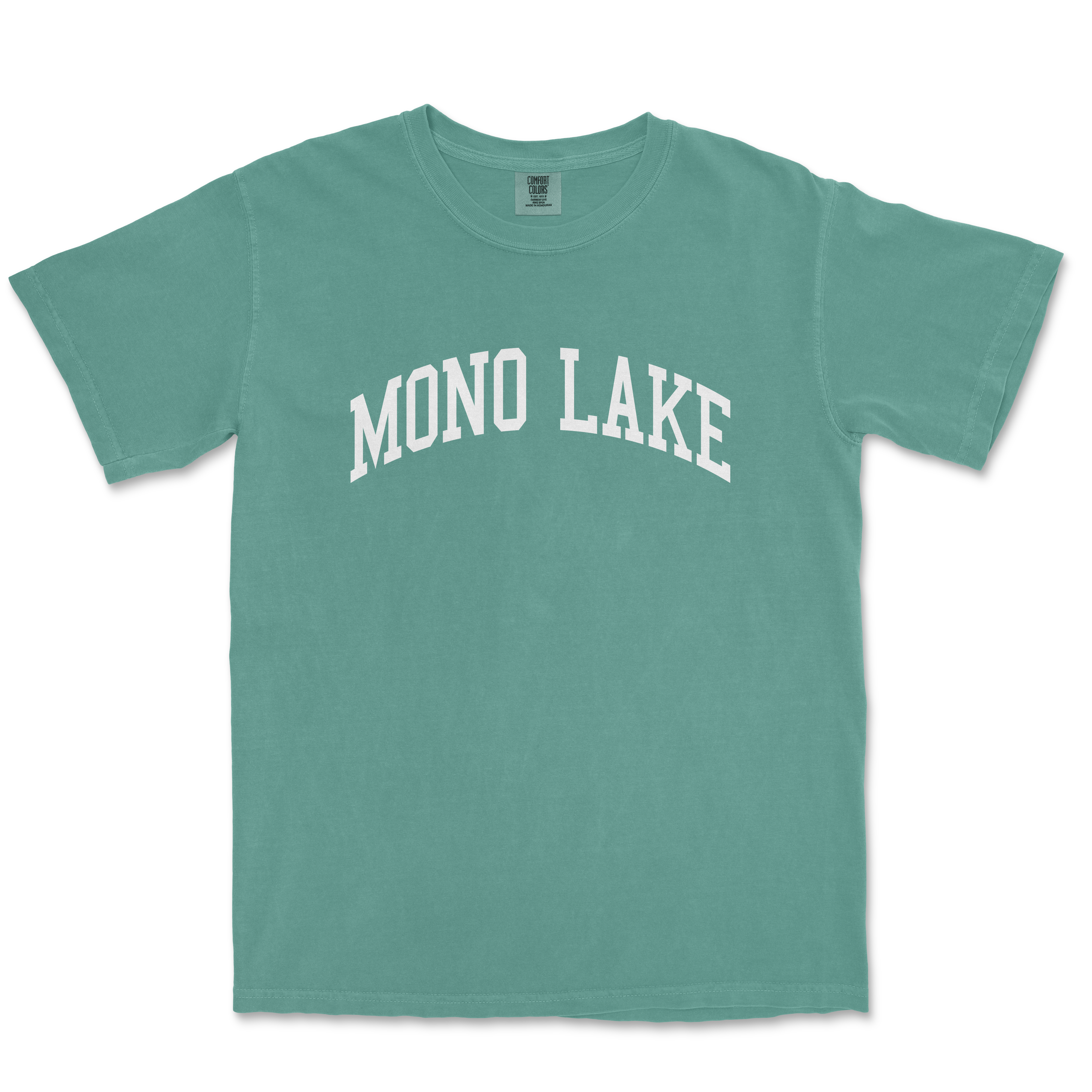 a mint green shirt with the word mono lake printed on it