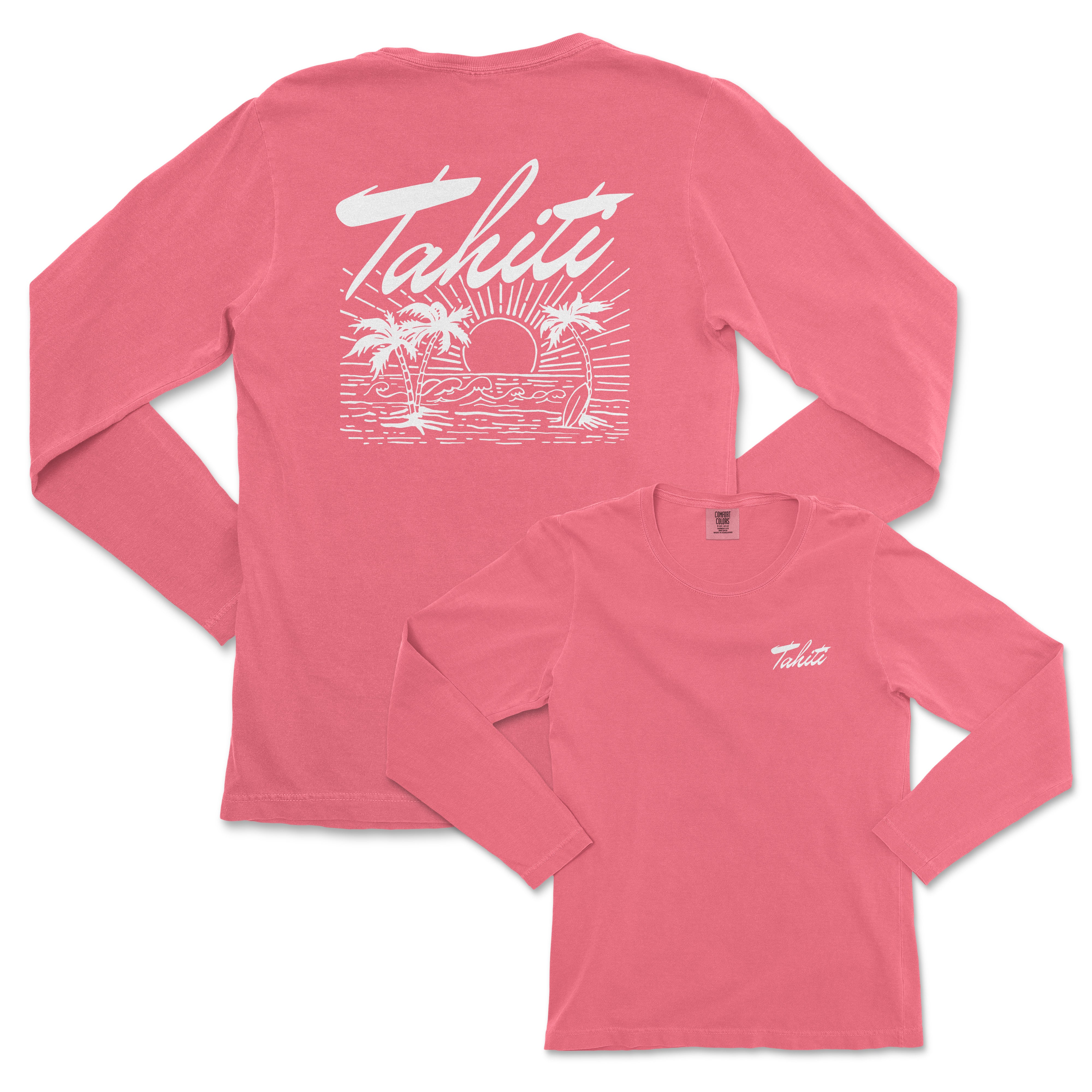 a women's pink long sleeve shirt with the words tahiti on it