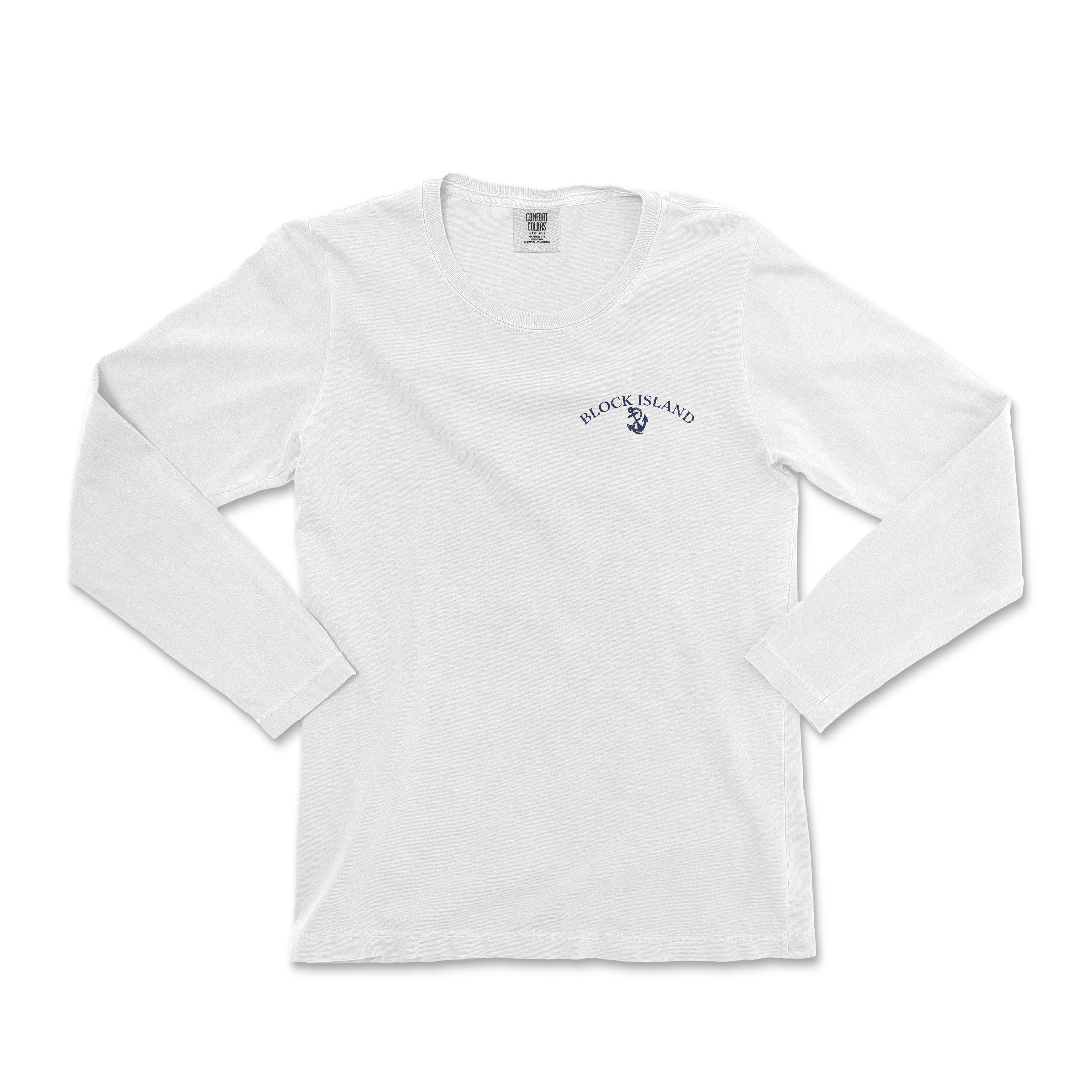 a white long sleeve shirt with a blue logo on the chest