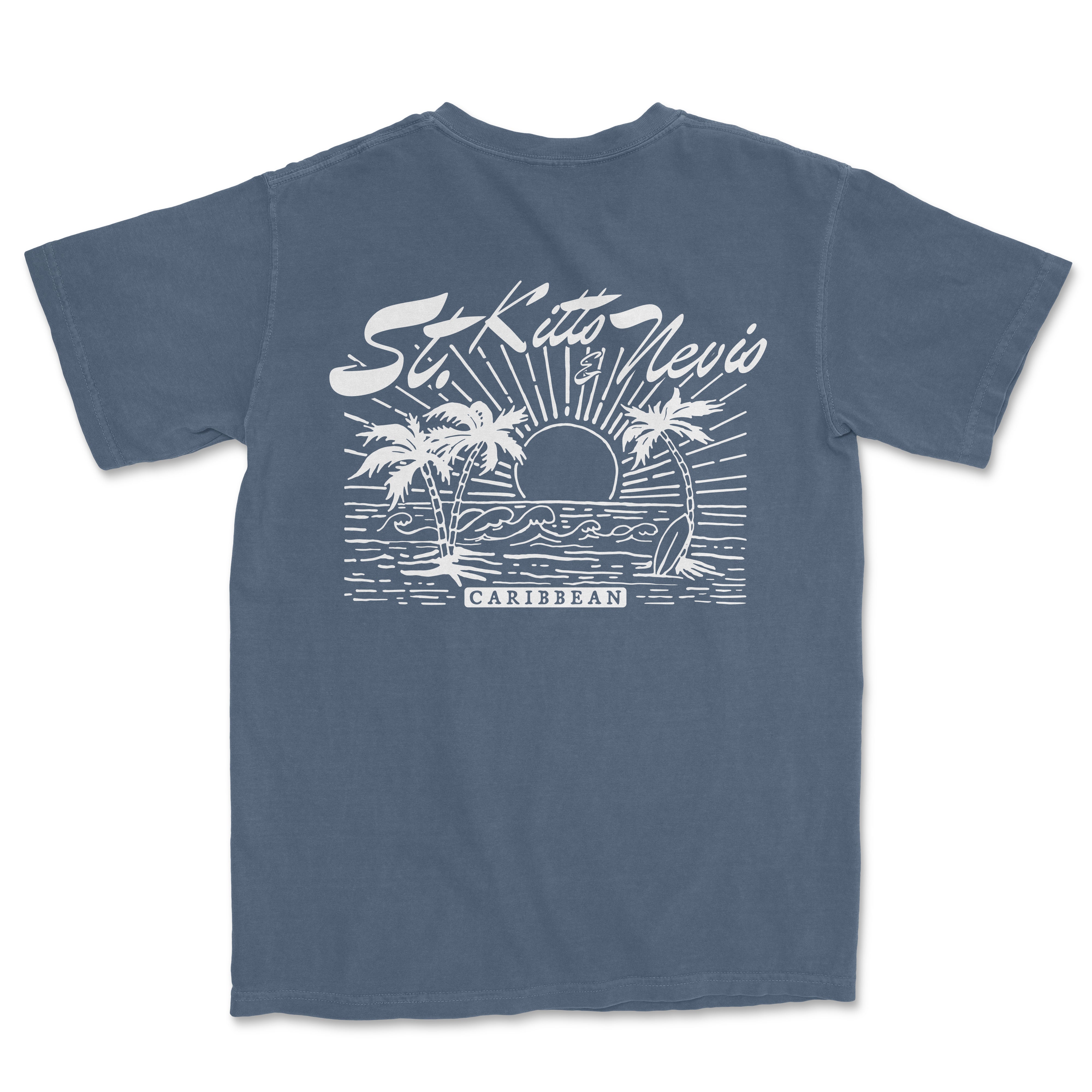 a blue t - shirt with a picture of a sunset and palm trees