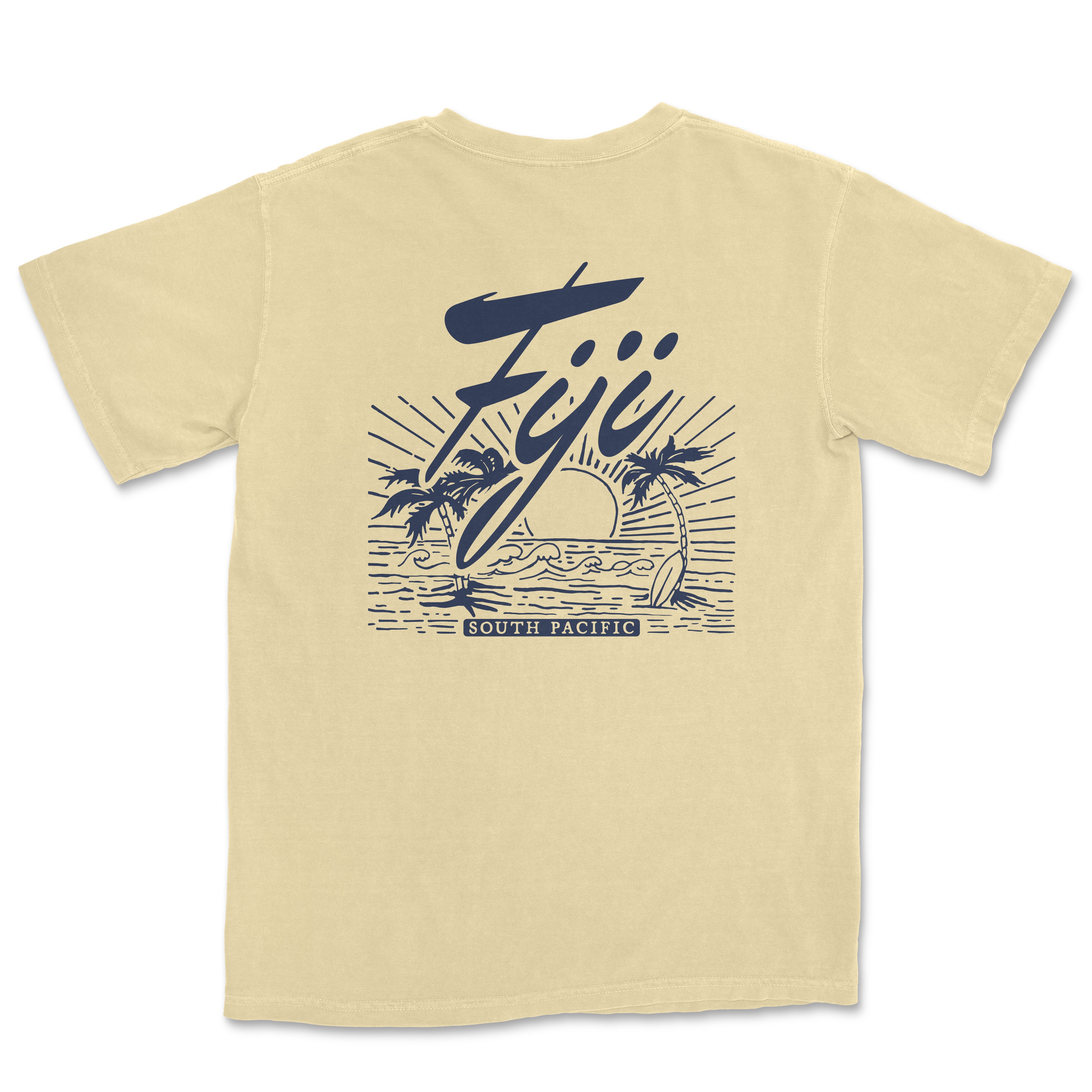 a t - shirt with a surfboard and palm trees on it