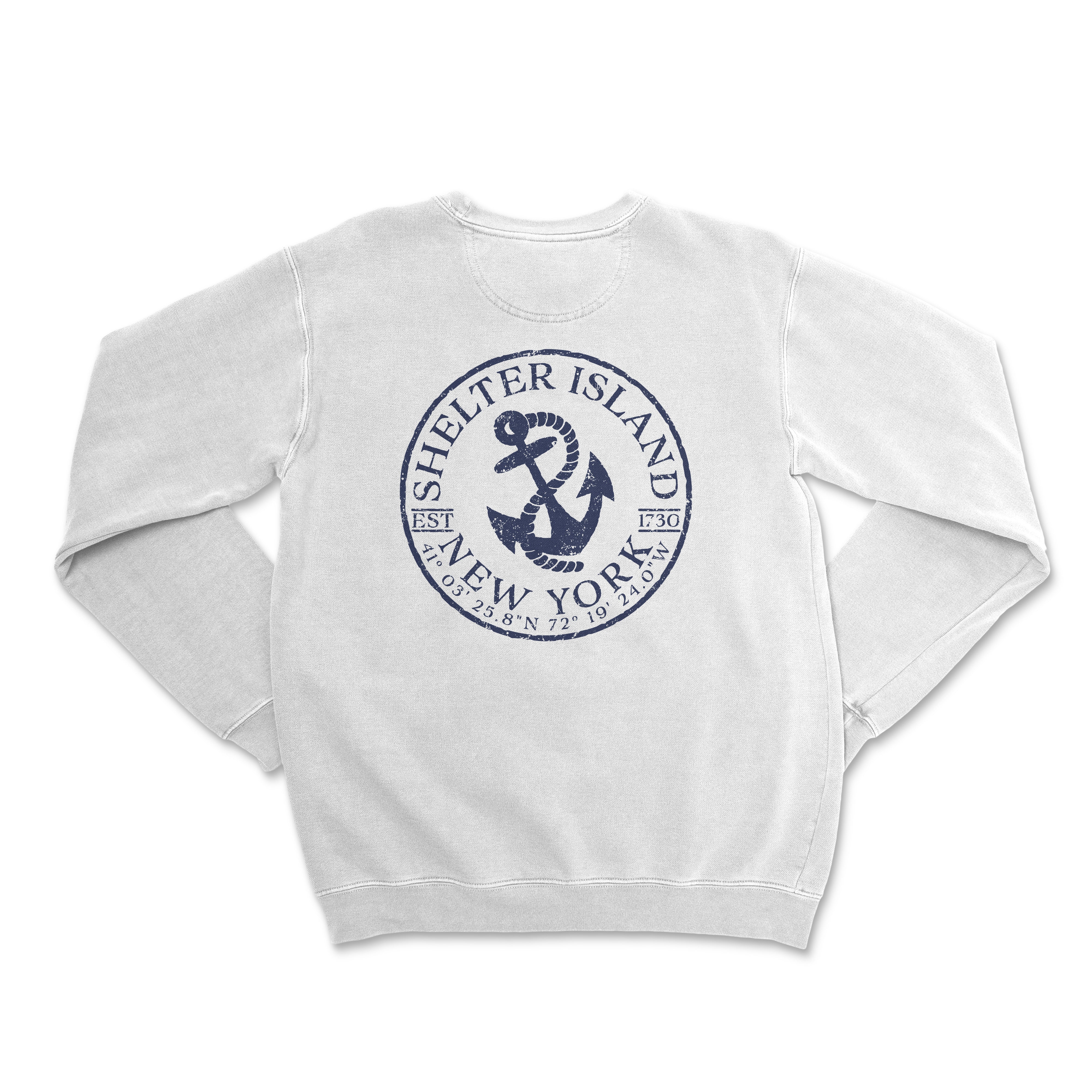 a white sweater with a blue anchor on it