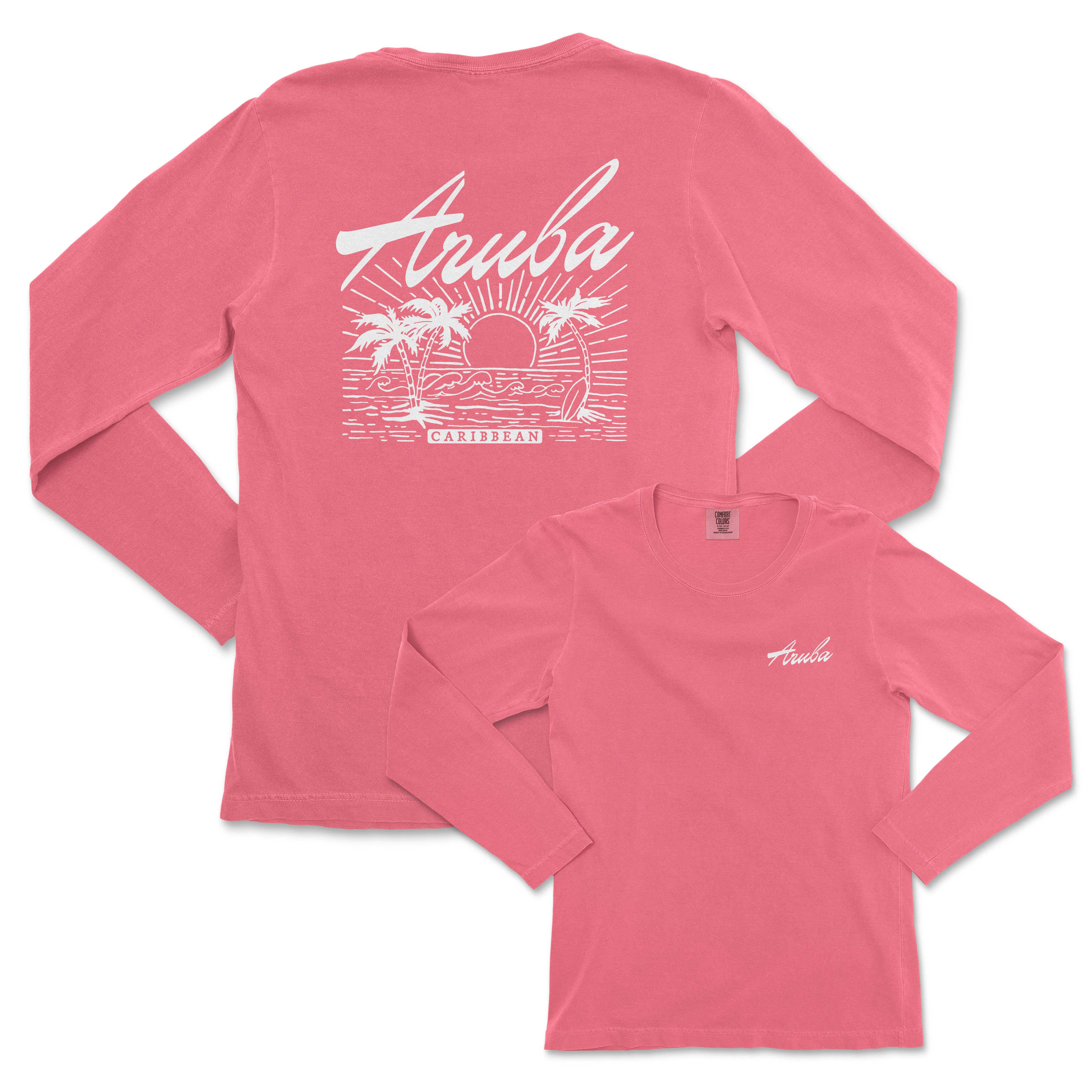 a women's pink long sleeve shirt with a picture of a boat on the