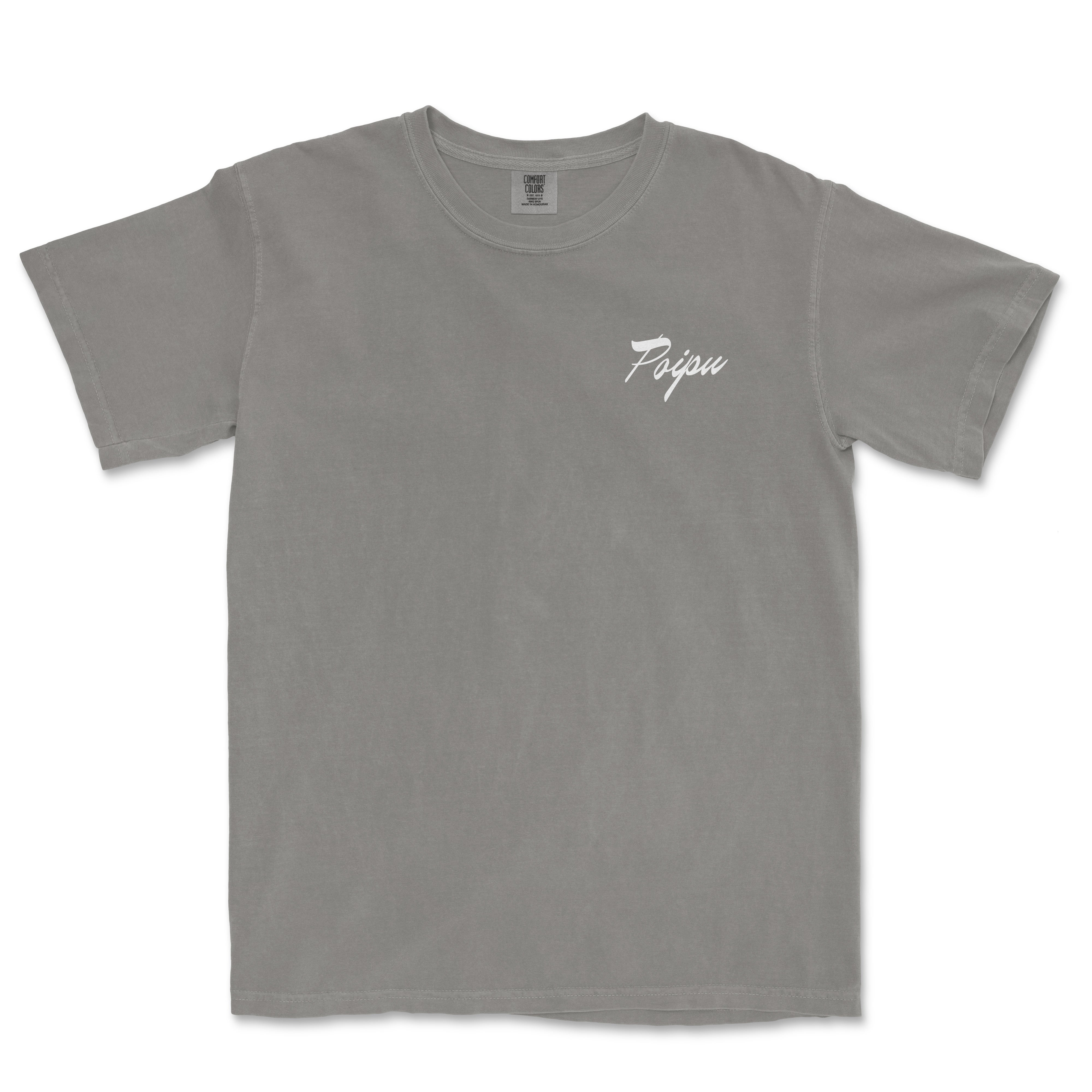 a grey t - shirt with a white logo on the chest