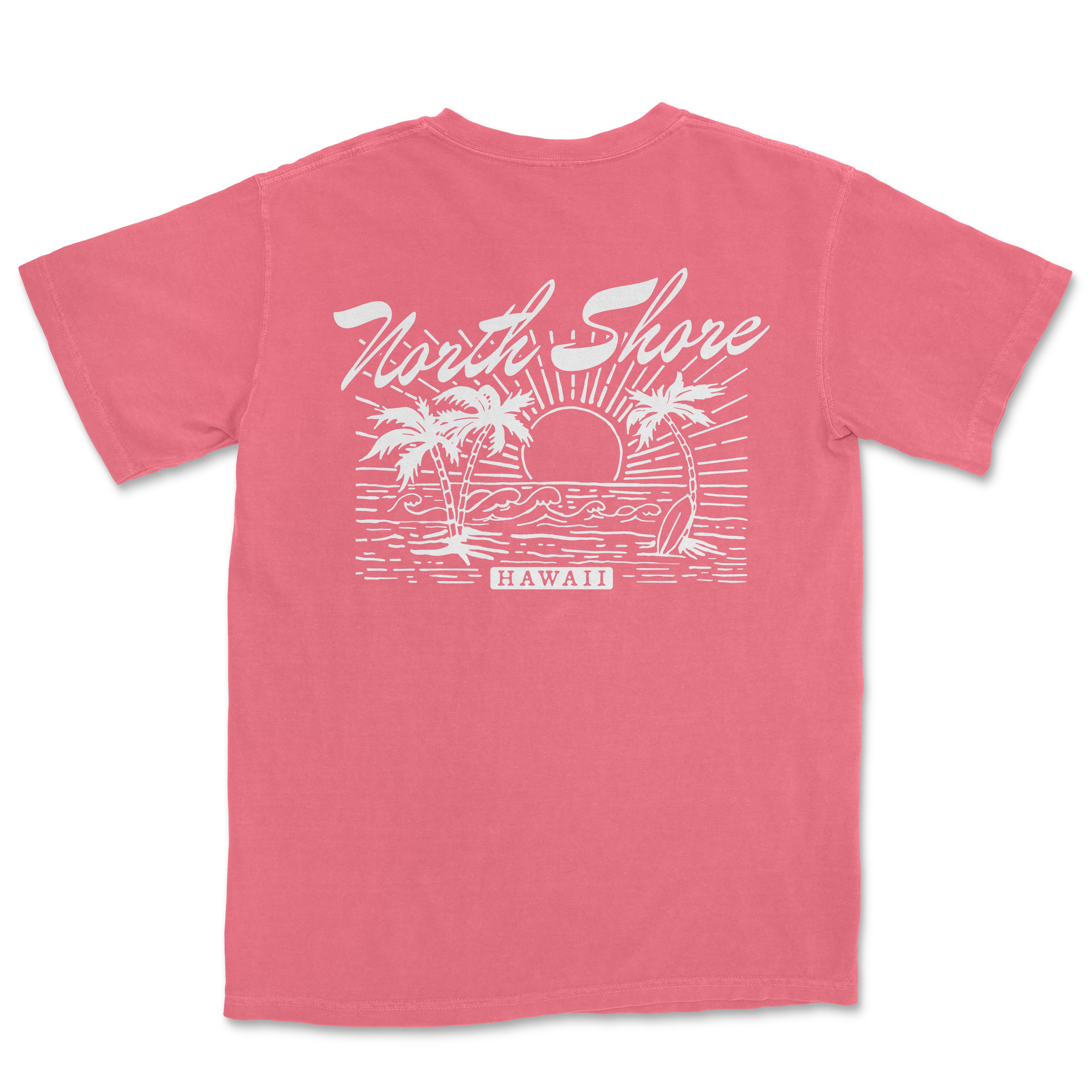 a pink t - shirt with a picture of a sunset and palm trees